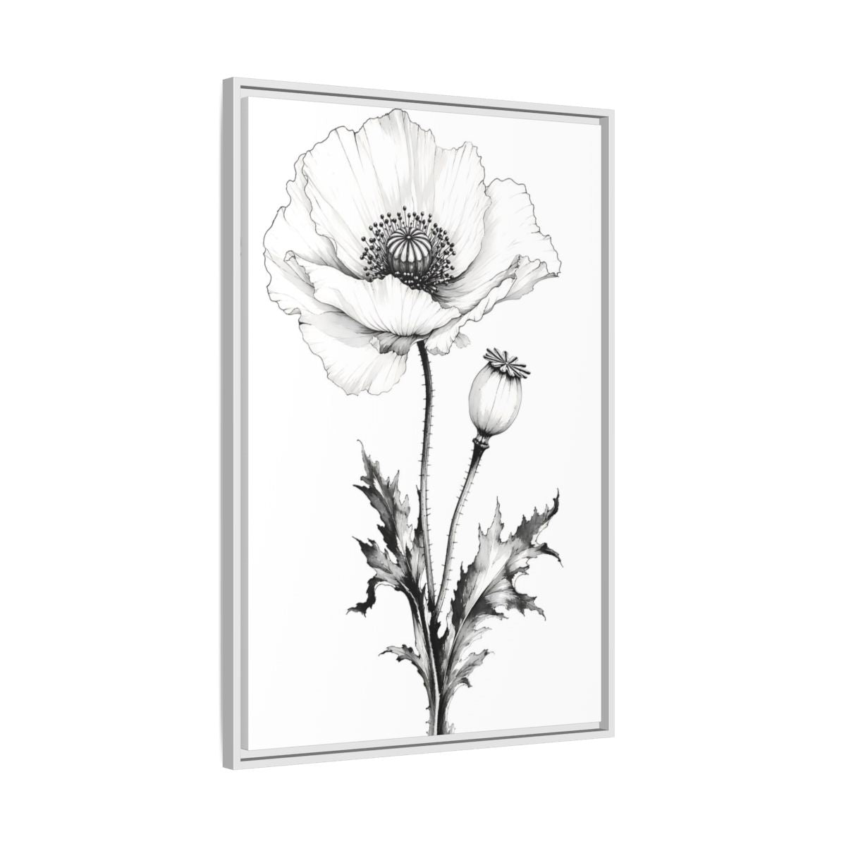 Side Mockup 9. Floral Poppy Flower Black And White Botanical shown as framed canvas print