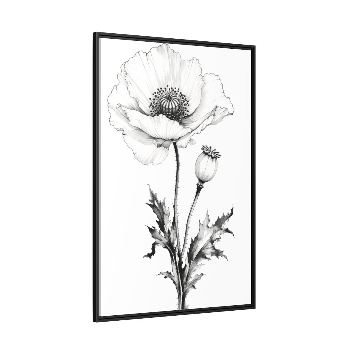 Side Mockup 12. Floral Poppy Flower Black And White Botanical shown as framed canvas print