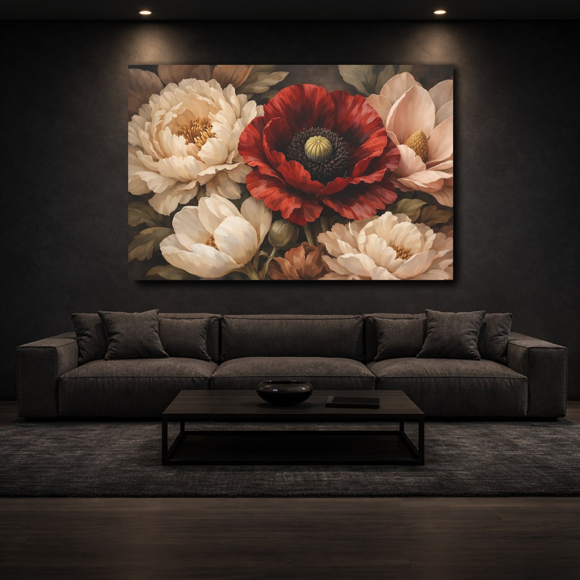 Mockup 2. Floral Poppy Peonies Red Cream Floral shown as stretched canvas wall art