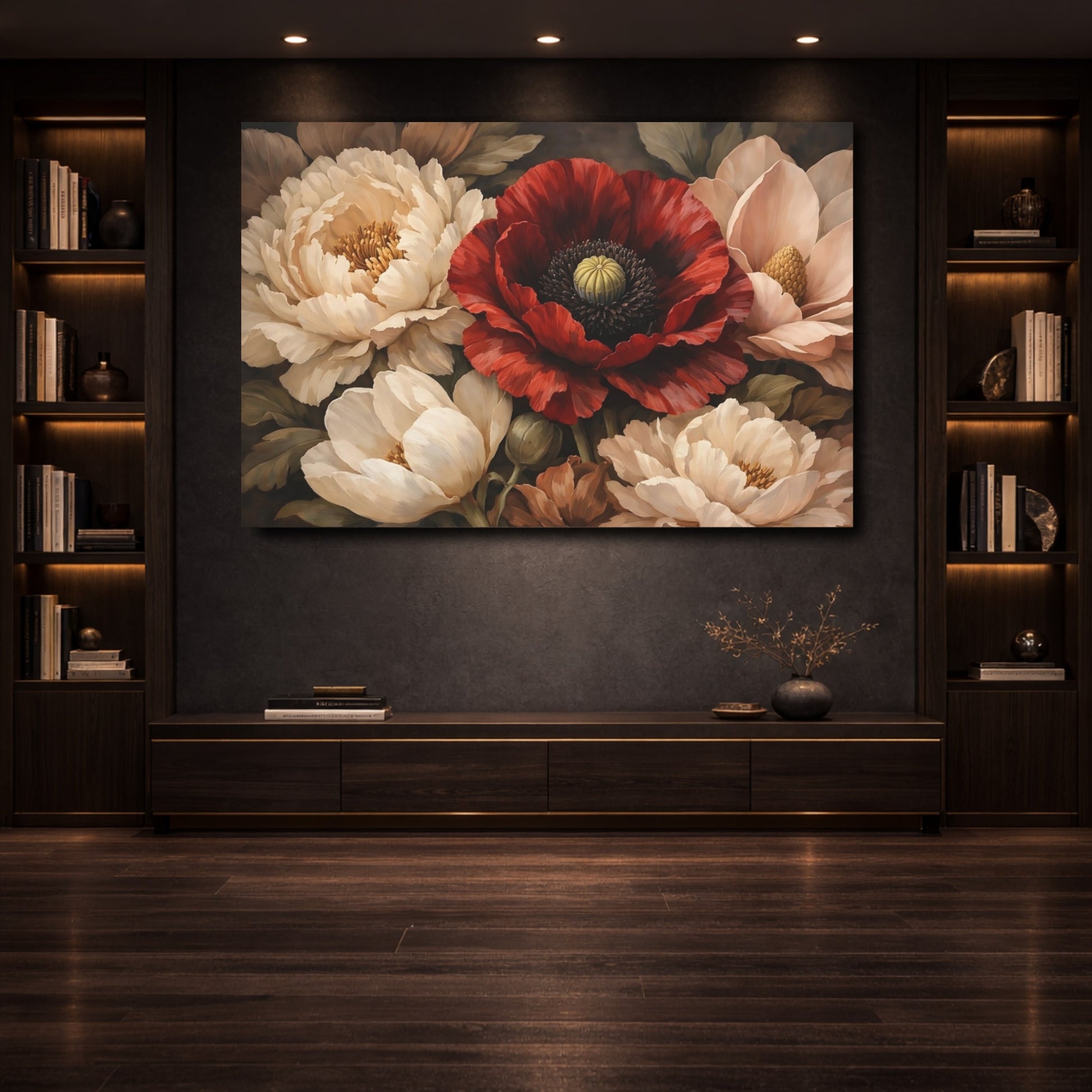 Mockup 3. Floral Poppy Peonies Red Cream Floral shown as stretched canvas wall art
