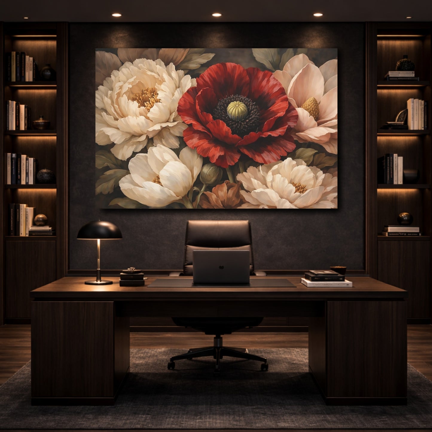 Mockup 4. Floral Poppy Peonies Red Cream Floral shown as stretched canvas wall art