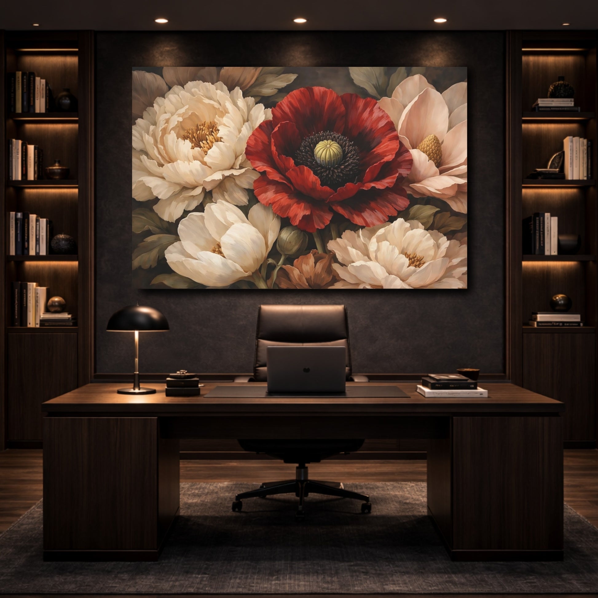 Mockup 4. Floral Poppy Peonies Red Cream Floral shown as stretched canvas wall art