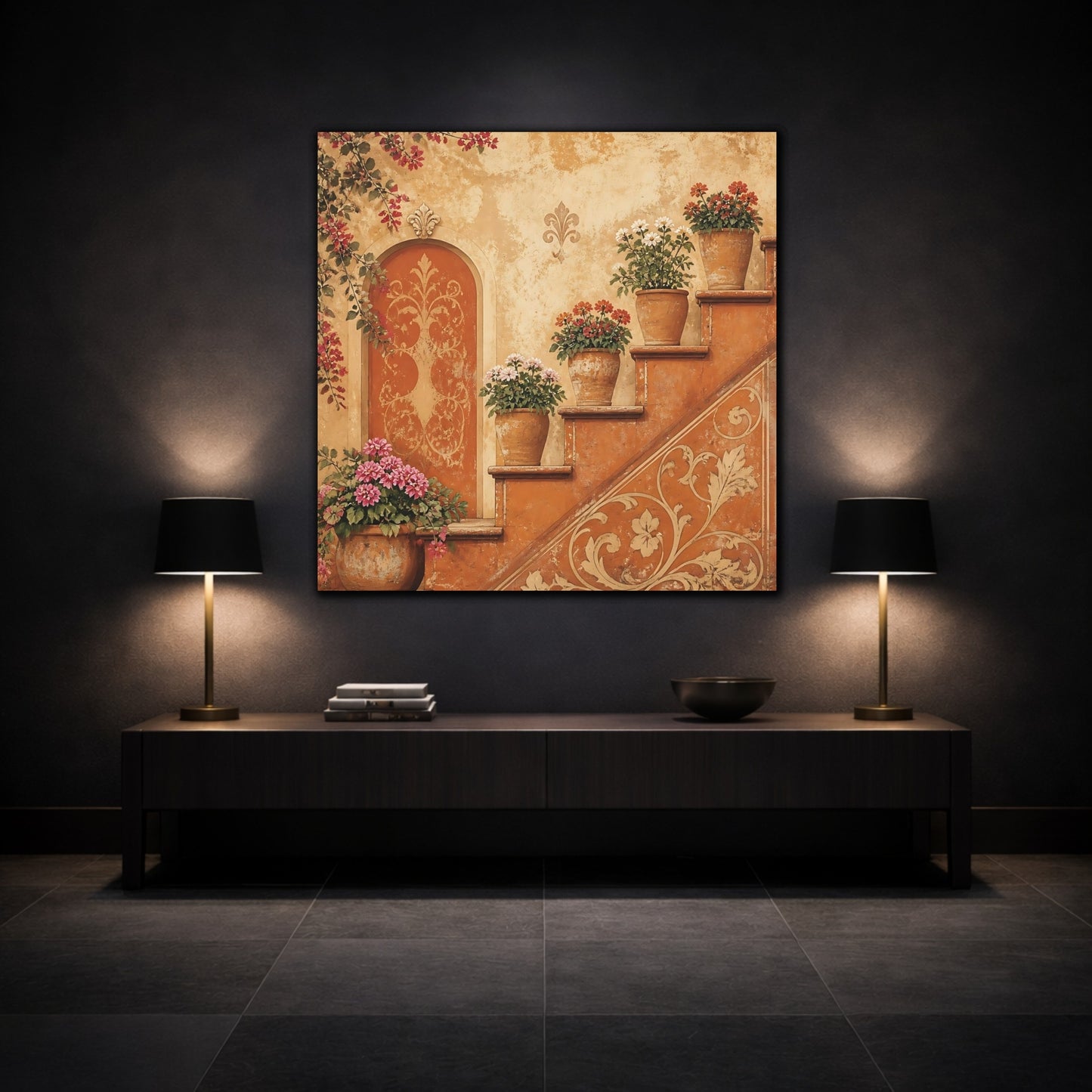 Mockup 3. Floral Potted Flowers Rustic Potted Flowers shown as stretched canvas wall art