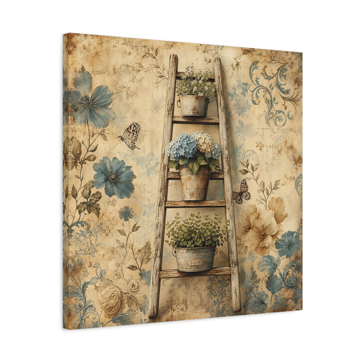Side Mockup 4. Floral Potted Flowers Vintage Floral shown as stretched canvas wall art