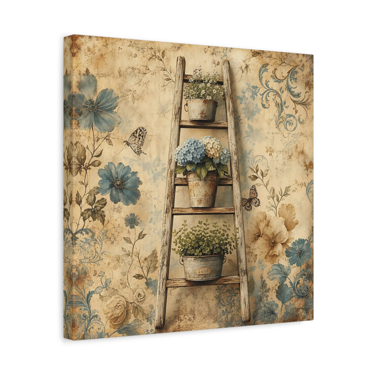 Side Mockup 6. Floral Potted Flowers Vintage Floral shown as stretched canvas wall art