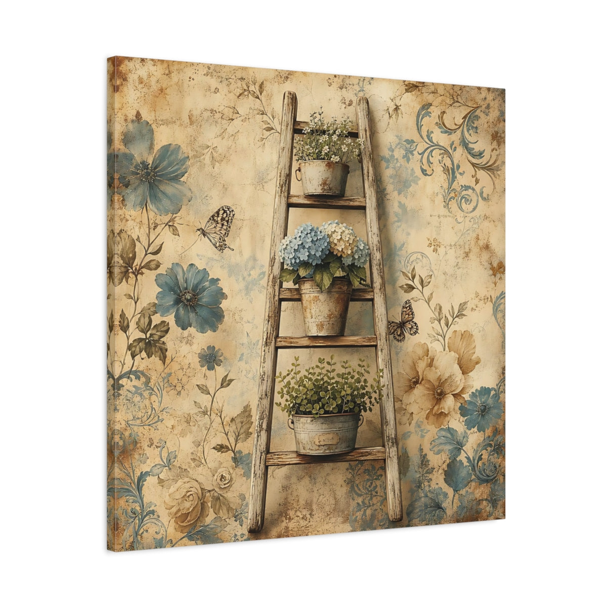 Side Mockup 3. Floral Potted Flowers Vintage Floral shown as stretched canvas wall art