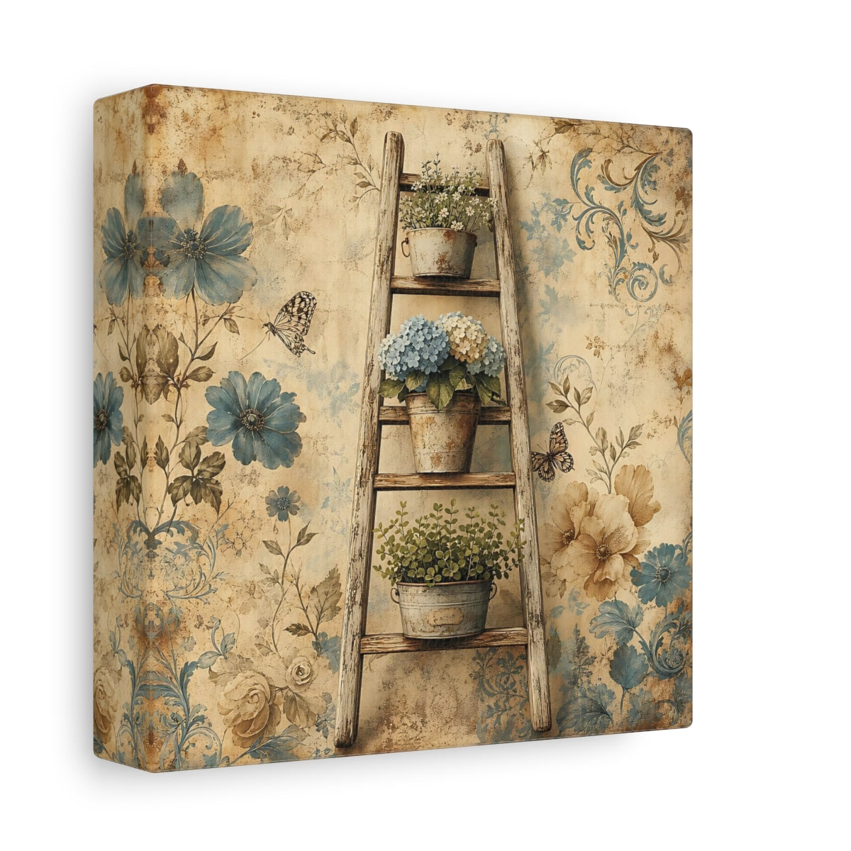 Side Mockup 2. Floral Potted Flowers Vintage Floral shown as stretched canvas wall art