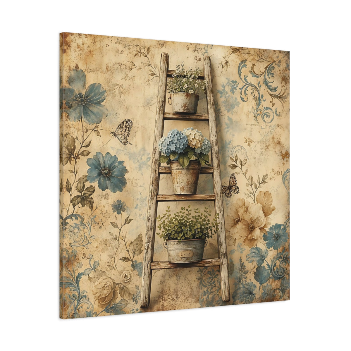 Side Mockup 1. Floral Potted Flowers Vintage Floral shown as stretched canvas wall art