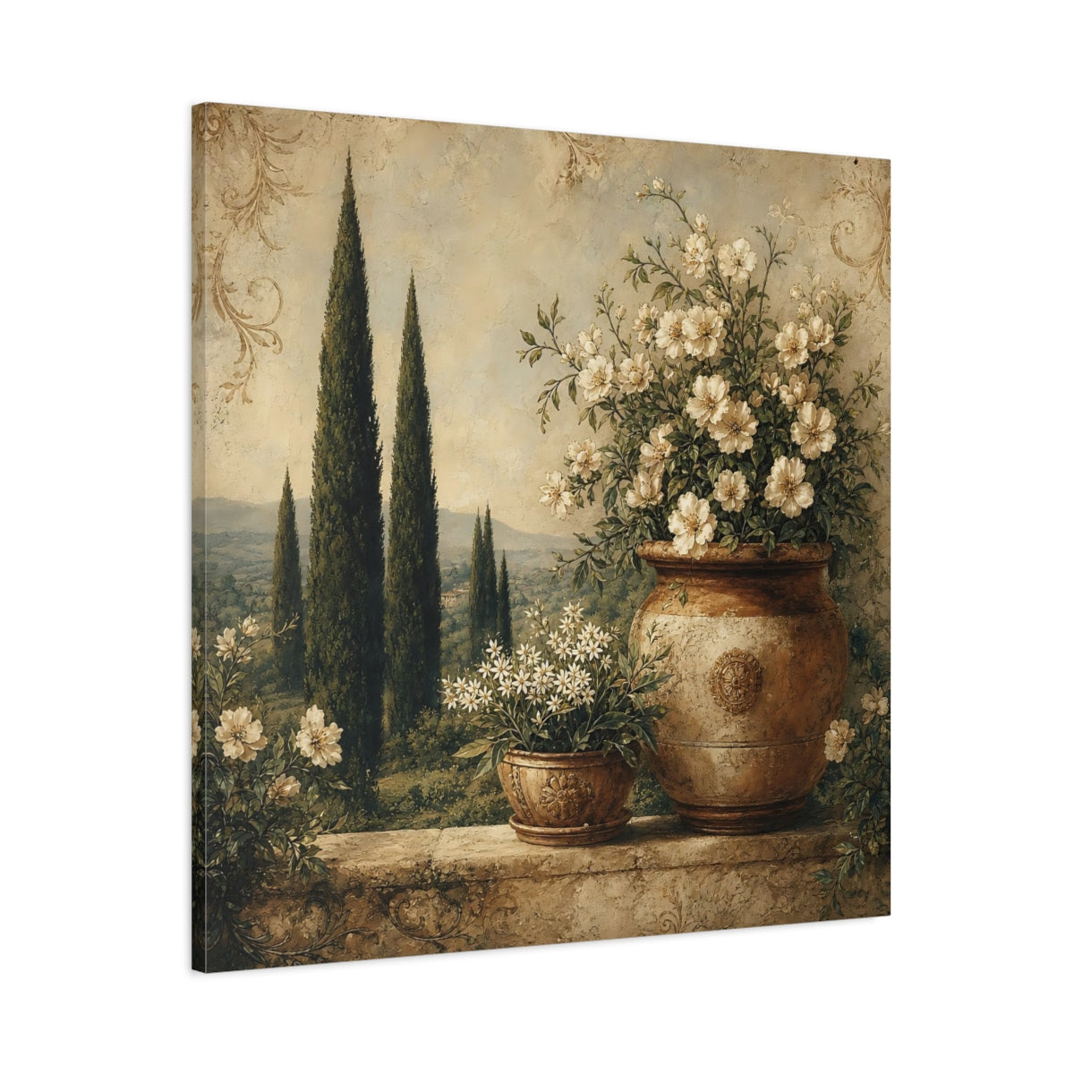 Main Mockup. Floral Potted Flowers Vintage Floral Landscape shown as stretched canvas wall art