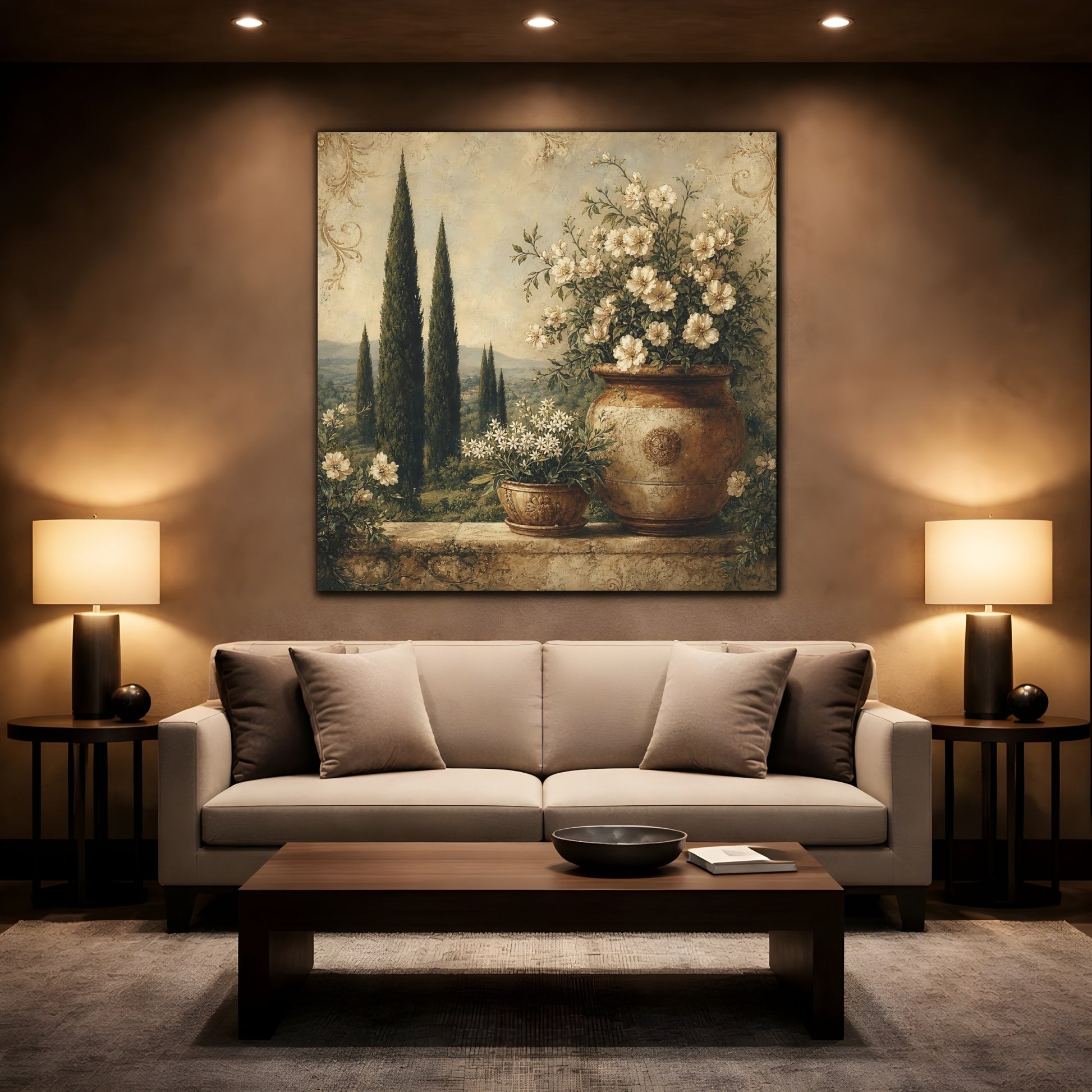 Mockup 2. Floral Potted Flowers Vintage Floral Landscape shown as stretched canvas wall art