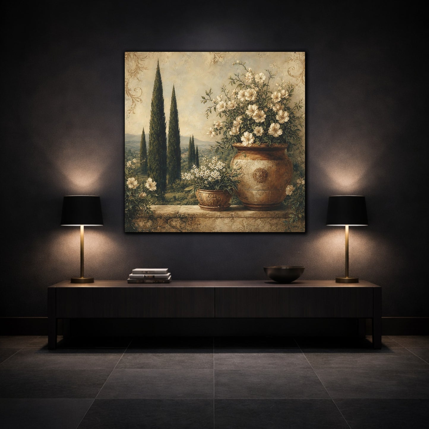 Mockup 3. Floral Potted Flowers Vintage Floral Landscape shown as stretched canvas wall art