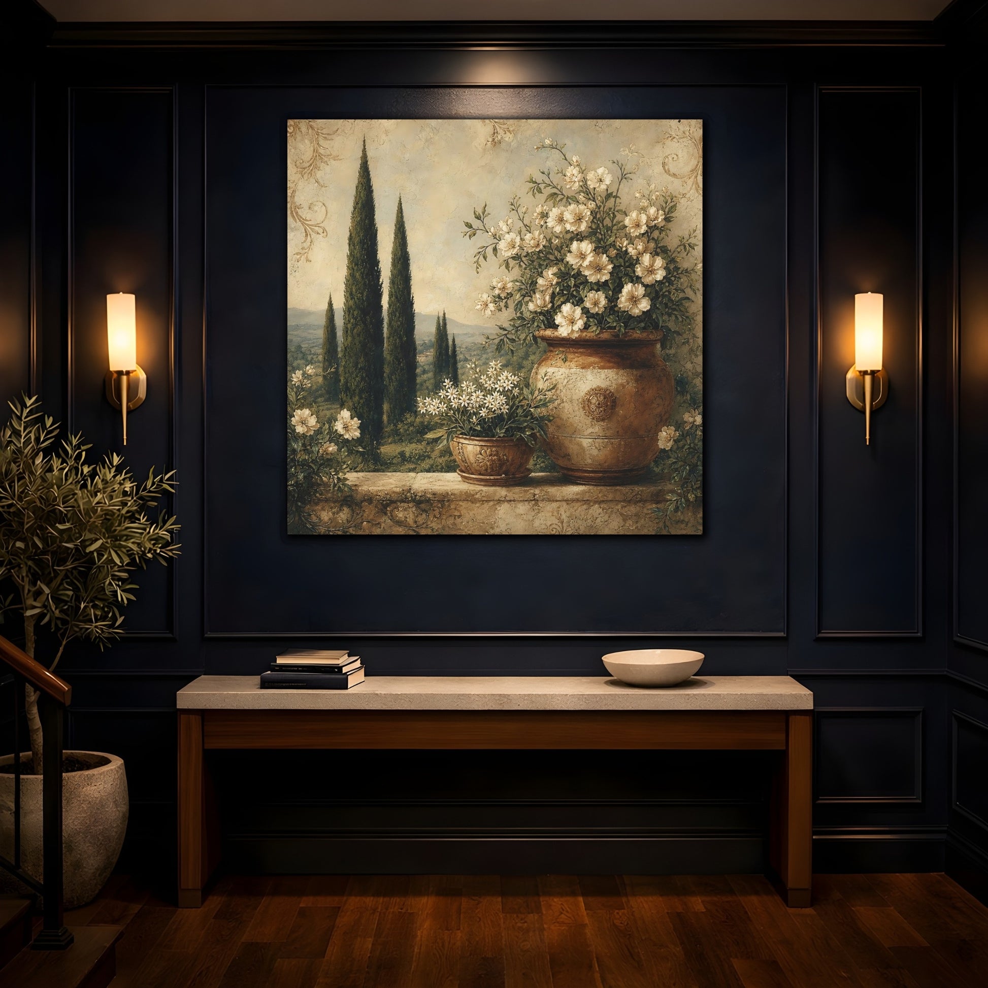 Mockup 4. Floral Potted Flowers Vintage Floral Landscape shown as stretched canvas wall art