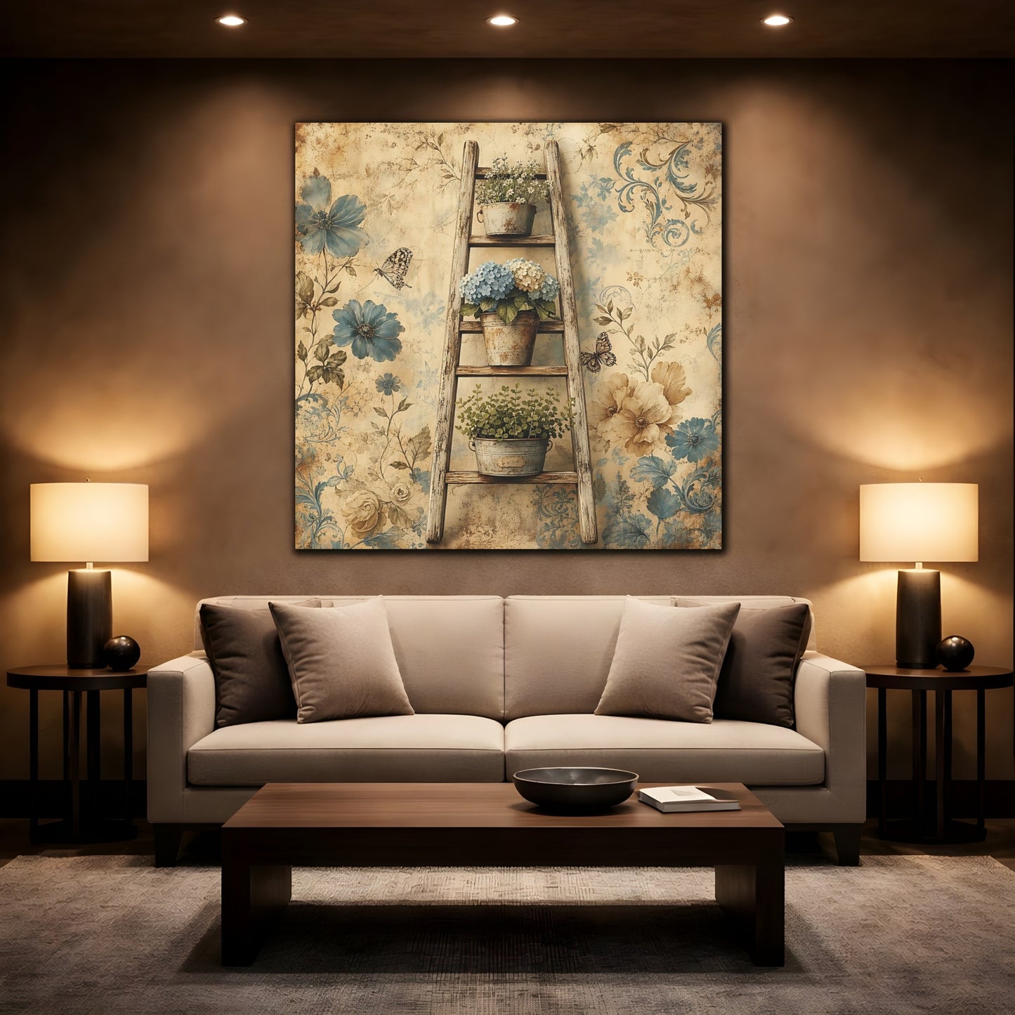 Mockup 2. Floral Potted Flowers Vintage Floral shown as stretched canvas wall art