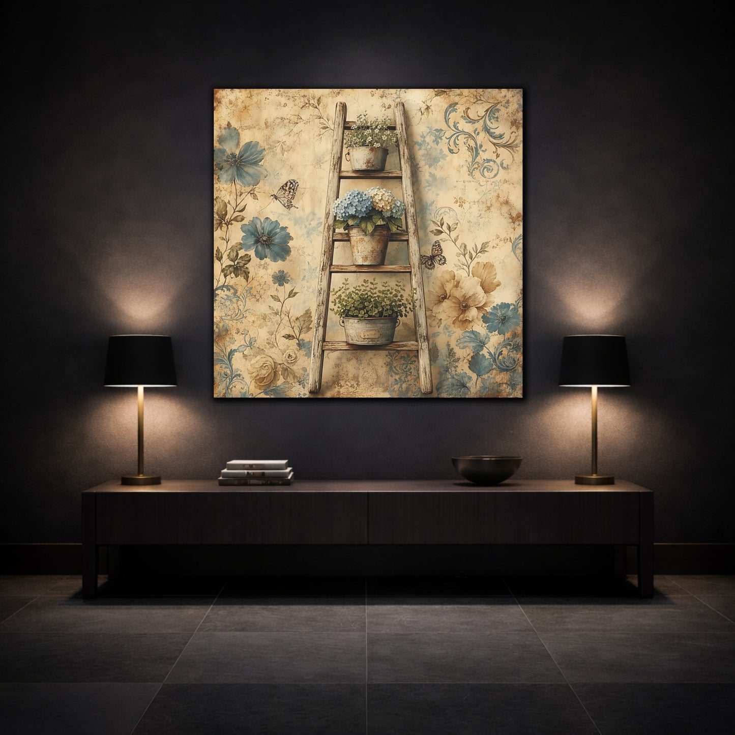 Mockup 3. Floral Potted Flowers Vintage Floral shown as stretched canvas wall art