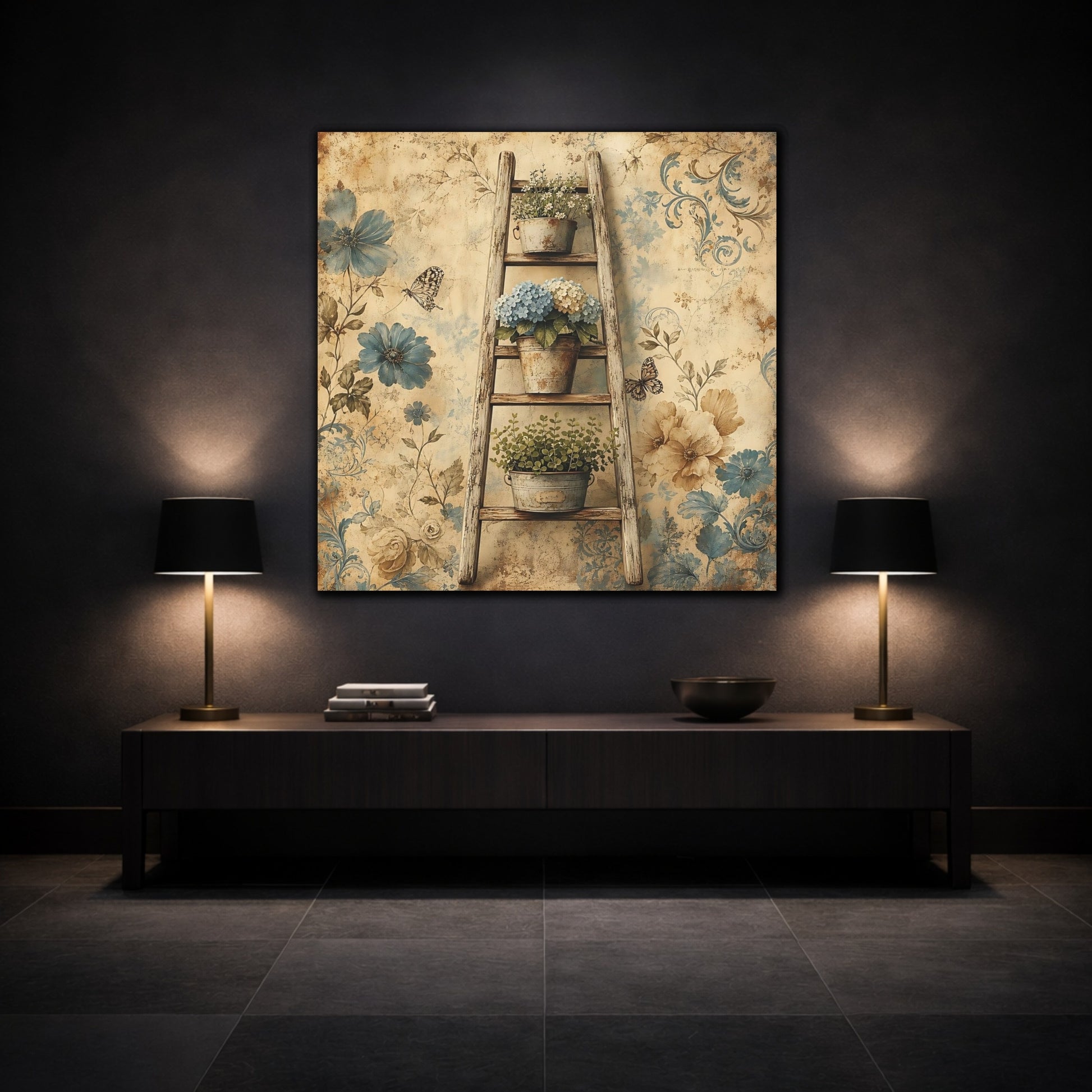 Mockup 3. Floral Potted Flowers Vintage Floral shown as stretched canvas wall art