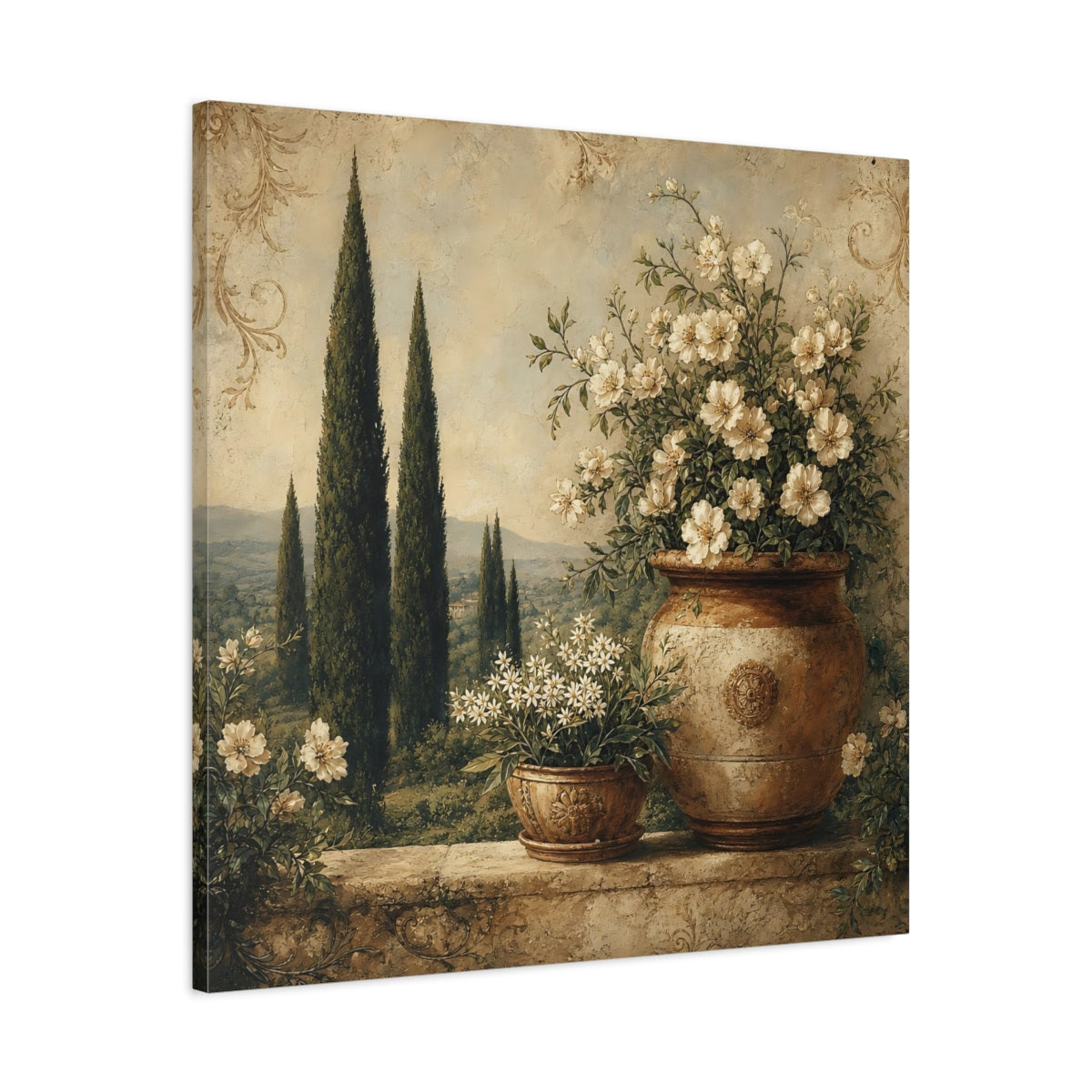 Side Mockup 3. Floral Potted Flowers Vintage Floral Landscape shown as stretched canvas wall art