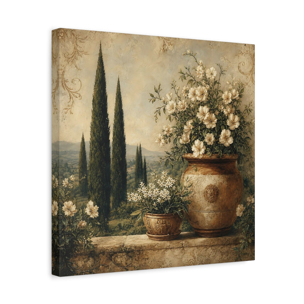 Side Mockup 6. Floral Potted Flowers Vintage Floral Landscape shown as stretched canvas wall art