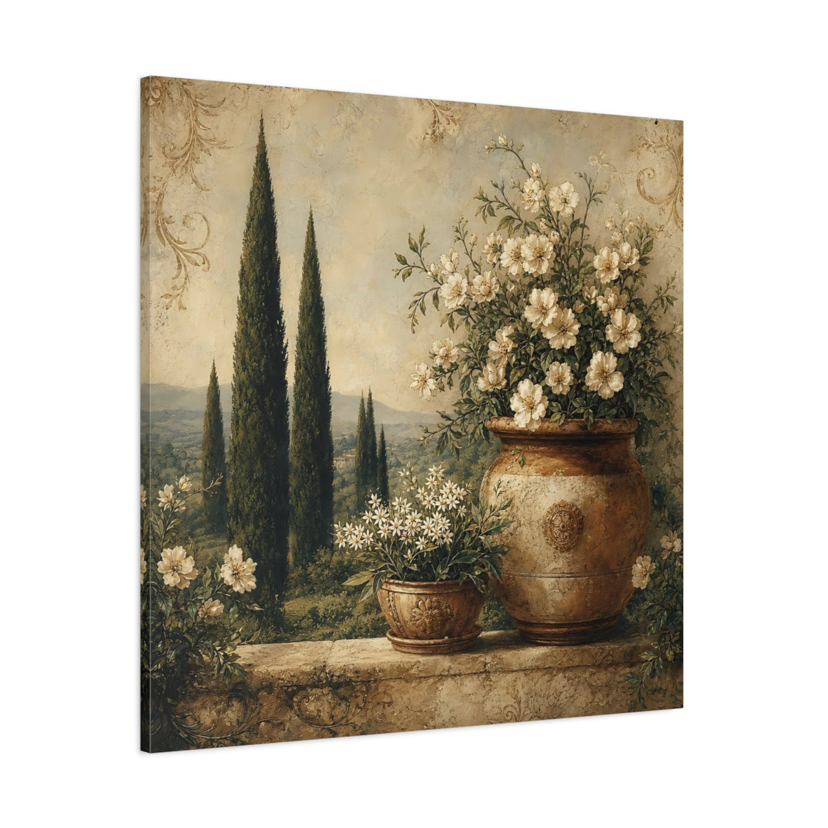 Side Mockup 1. Floral Potted Flowers Vintage Floral Landscape shown as stretched canvas wall art