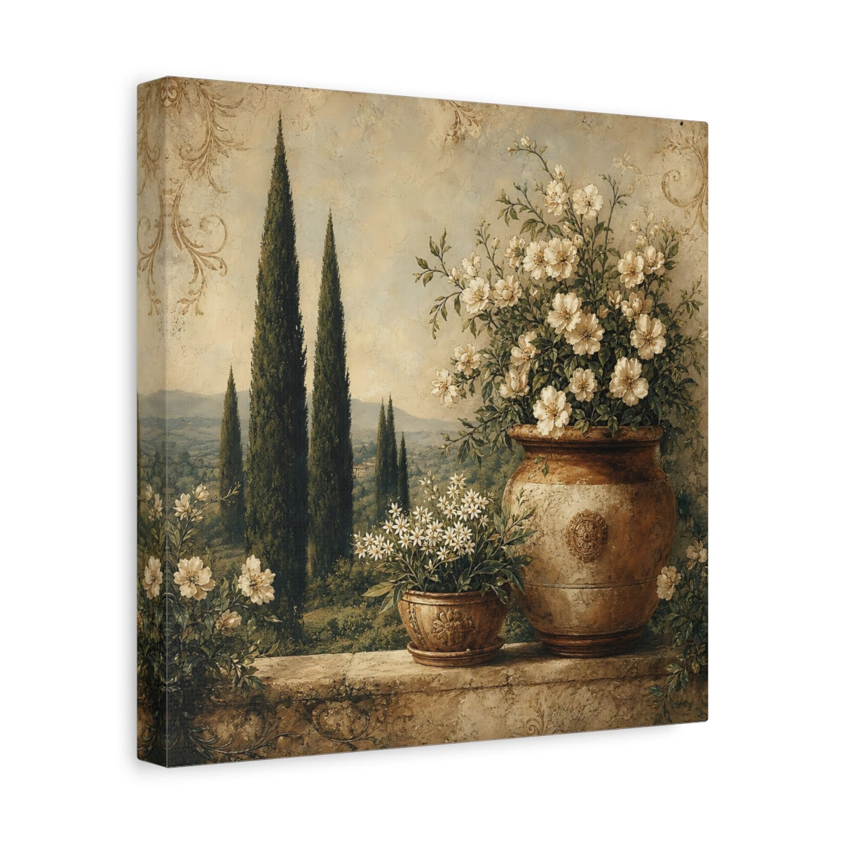 Side Mockup 8. Floral Potted Flowers Vintage Floral Landscape shown as stretched canvas wall art