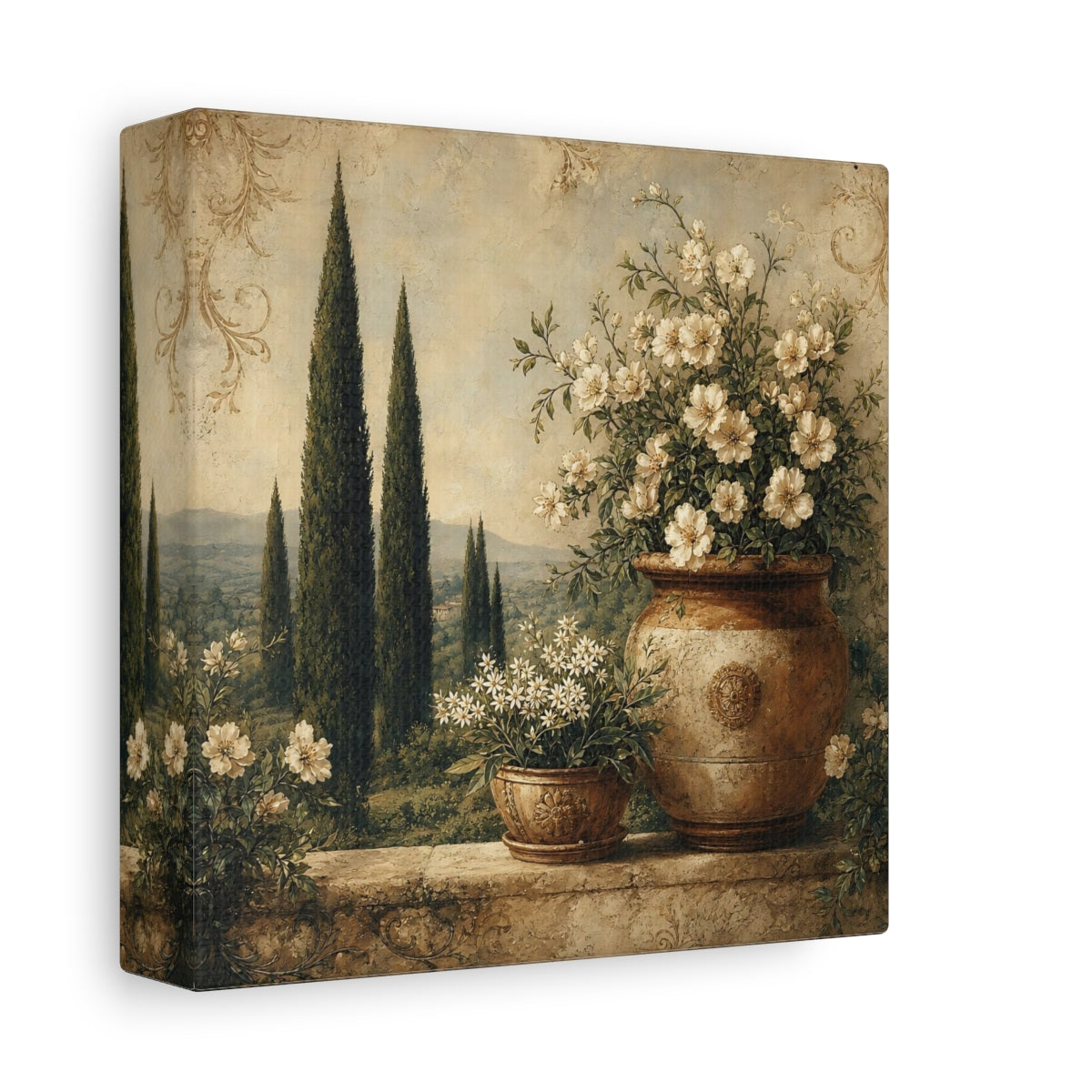 Side Mockup 2. Floral Potted Flowers Vintage Floral Landscape shown as stretched canvas wall art