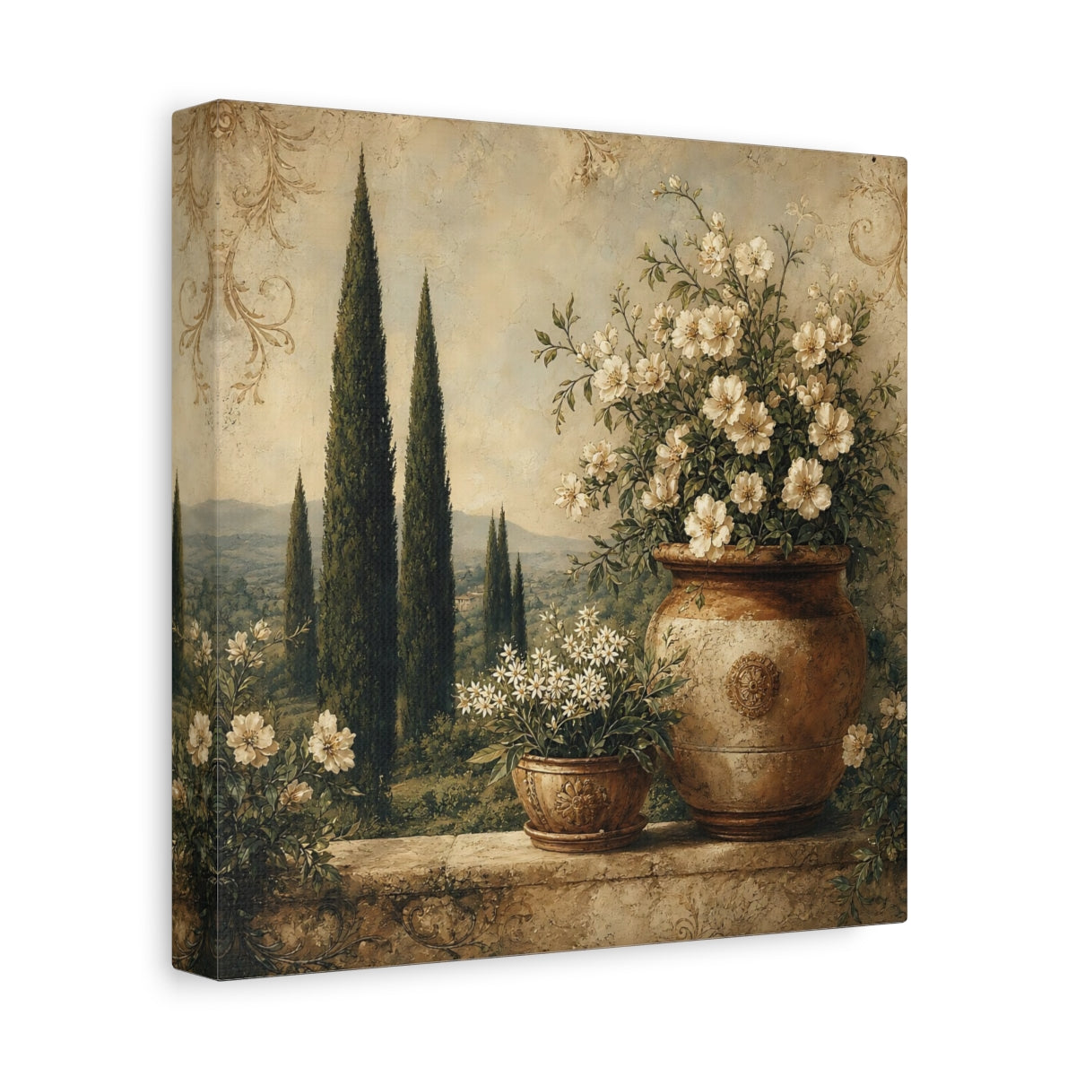 Side Mockup 9. Floral Potted Flowers Vintage Floral Landscape shown as stretched canvas wall art