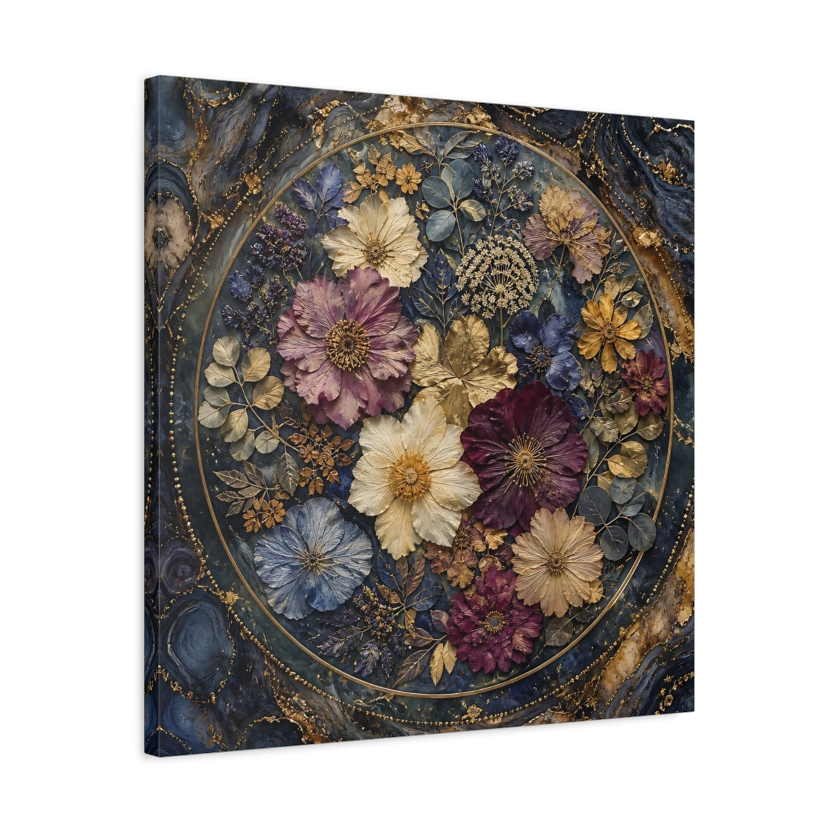 Side Mockup 4. Floral Pressed Flowers Dark Blue Gold Floral shown as stretched canvas wall art