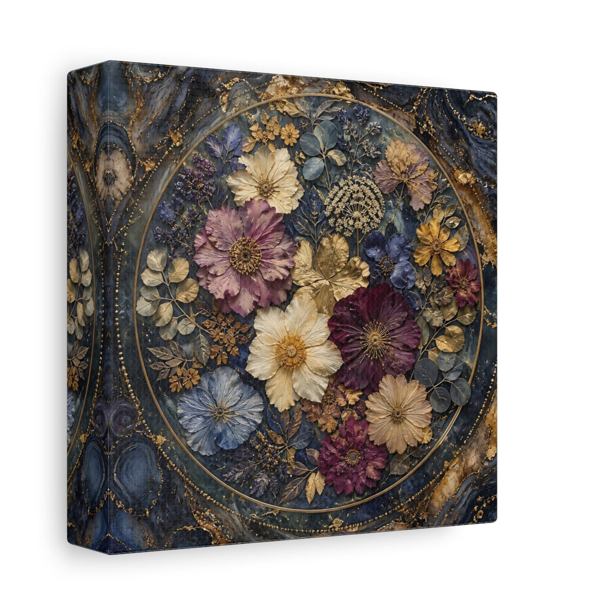 Side Mockup 2. Floral Pressed Flowers Dark Blue Gold Floral shown as stretched canvas wall art