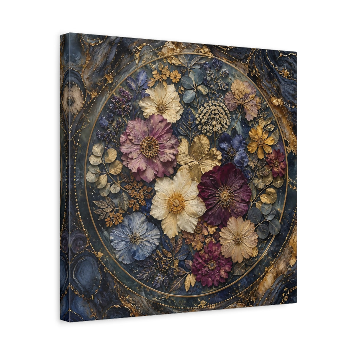Side Mockup 6. Floral Pressed Flowers Dark Blue Gold Floral shown as stretched canvas wall art