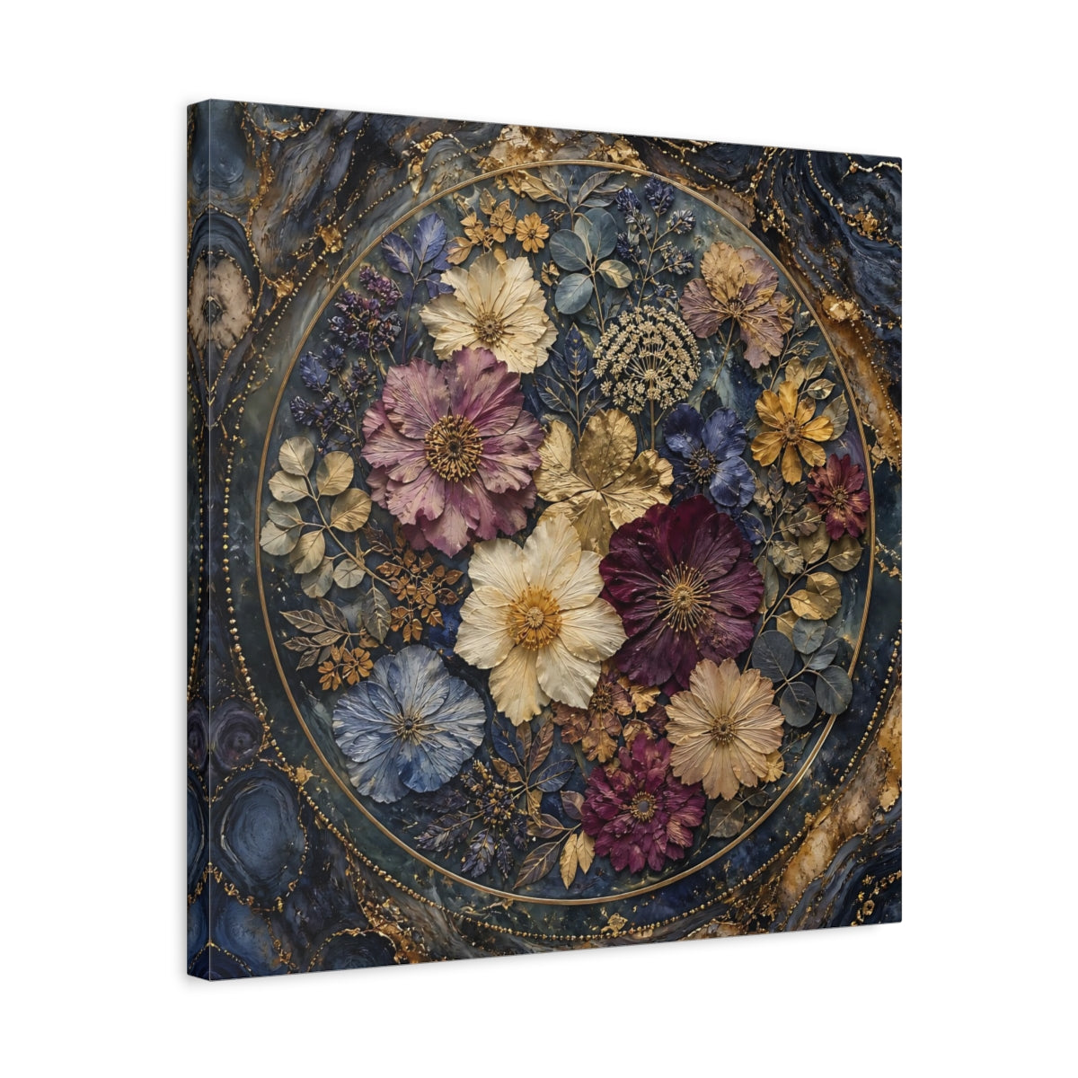 Side Mockup 5. Floral Pressed Flowers Dark Blue Gold Floral shown as stretched canvas wall art