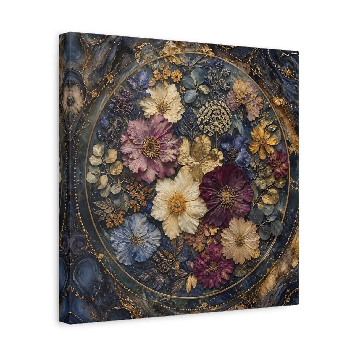 Side Mockup 7. Floral Pressed Flowers Dark Blue Gold Floral shown as stretched canvas wall art
