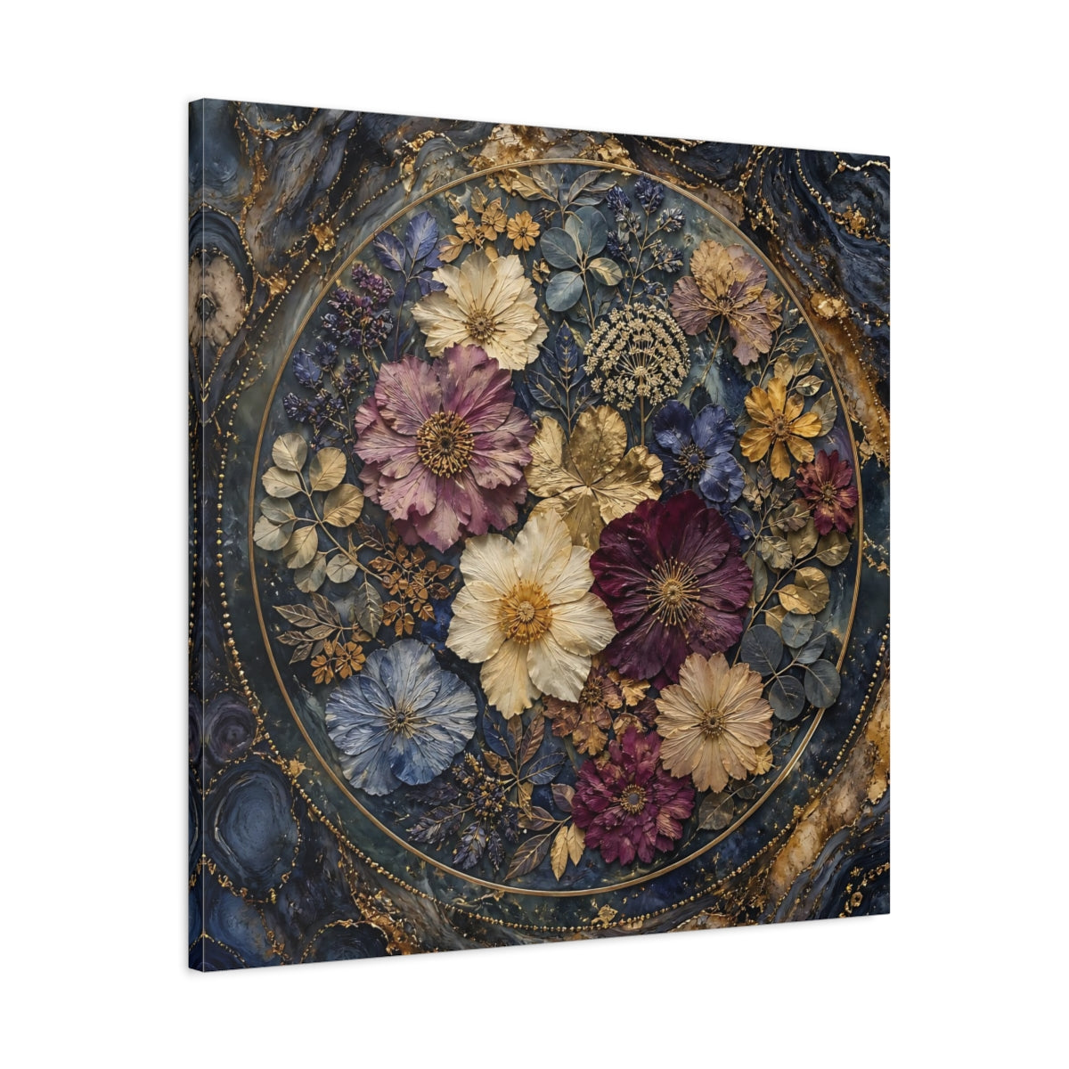Side Mockup 3. Floral Pressed Flowers Dark Blue Gold Floral shown as stretched canvas wall art