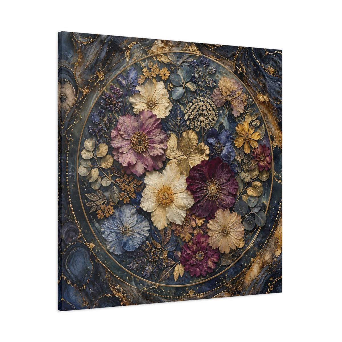 Side Mockup 1. Floral Pressed Flowers Dark Blue Gold Floral shown as stretched canvas wall art