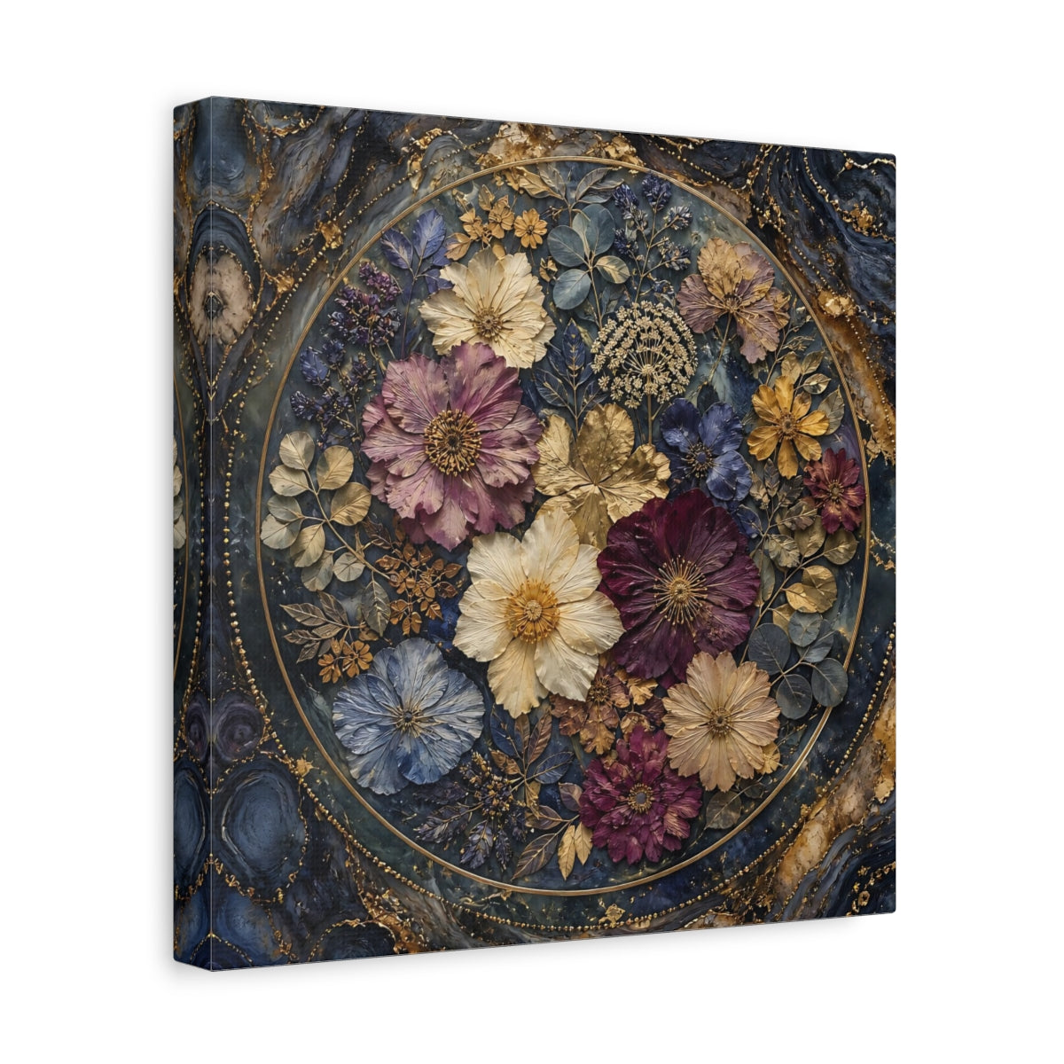 Side Mockup 8. Floral Pressed Flowers Dark Blue Gold Floral shown as stretched canvas wall art