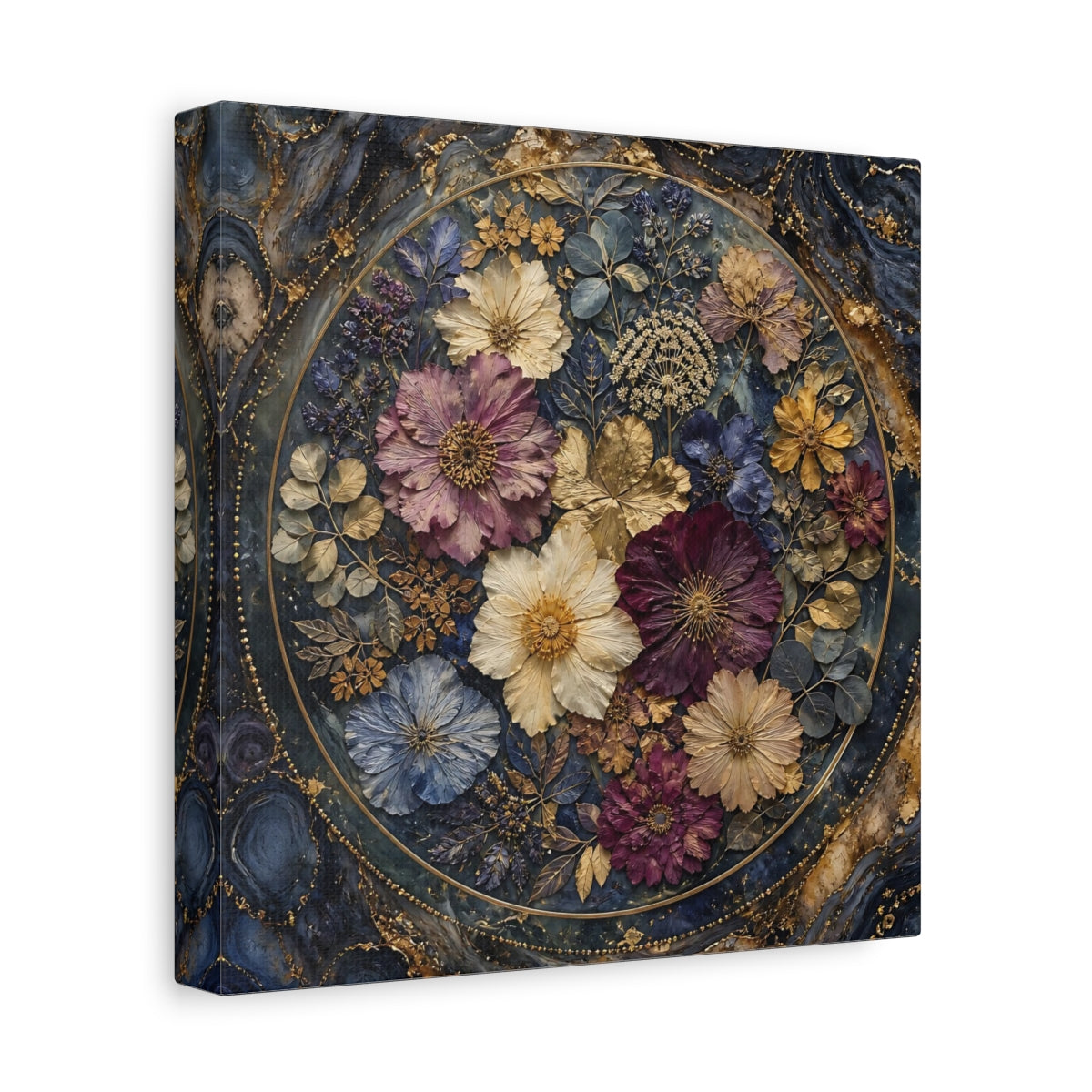 Side Mockup 9. Floral Pressed Flowers Dark Blue Gold Floral shown as stretched canvas wall art
