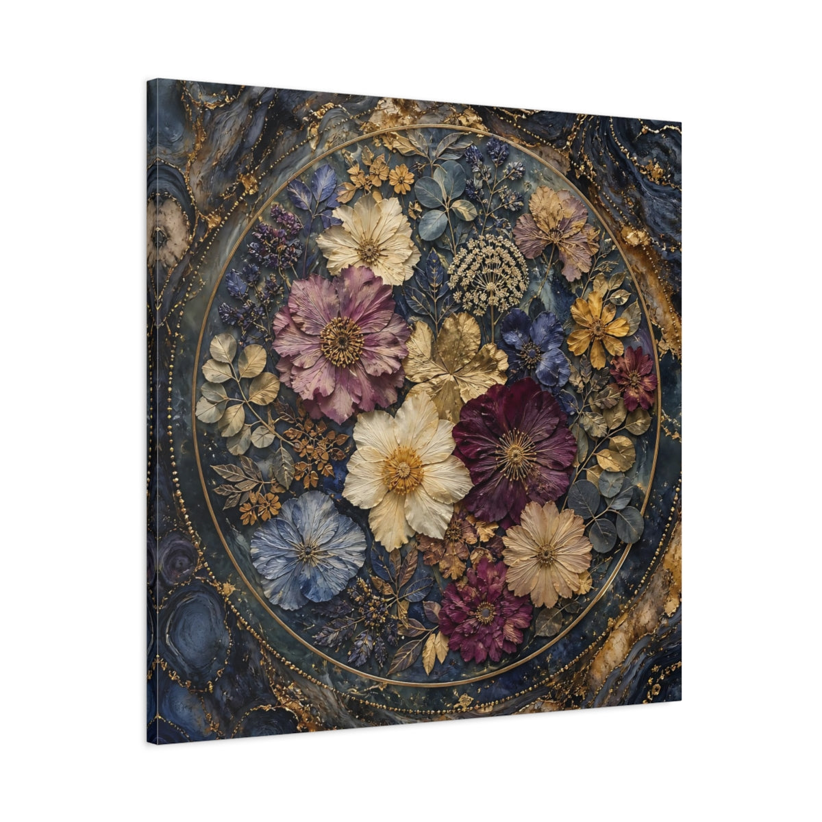 Main Mockup. Floral Pressed Flowers Dark Blue Gold Floral shown as stretched canvas wall art