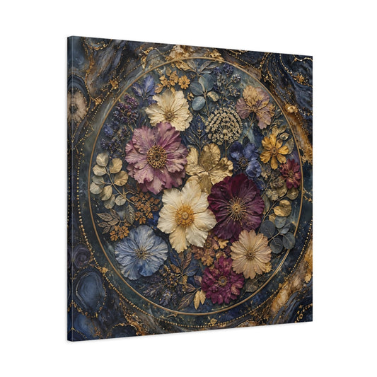 Main Mockup. Floral Pressed Flowers Dark Blue Gold Floral shown as stretched canvas wall art