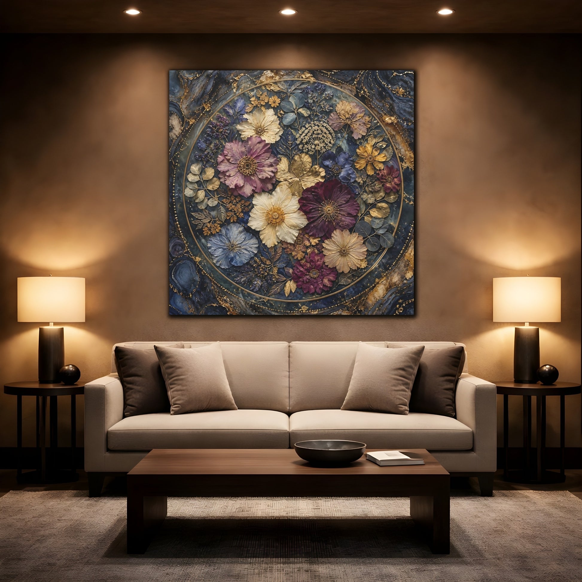 Mockup 2. Floral Pressed Flowers Dark Blue Gold Floral shown as stretched canvas wall art