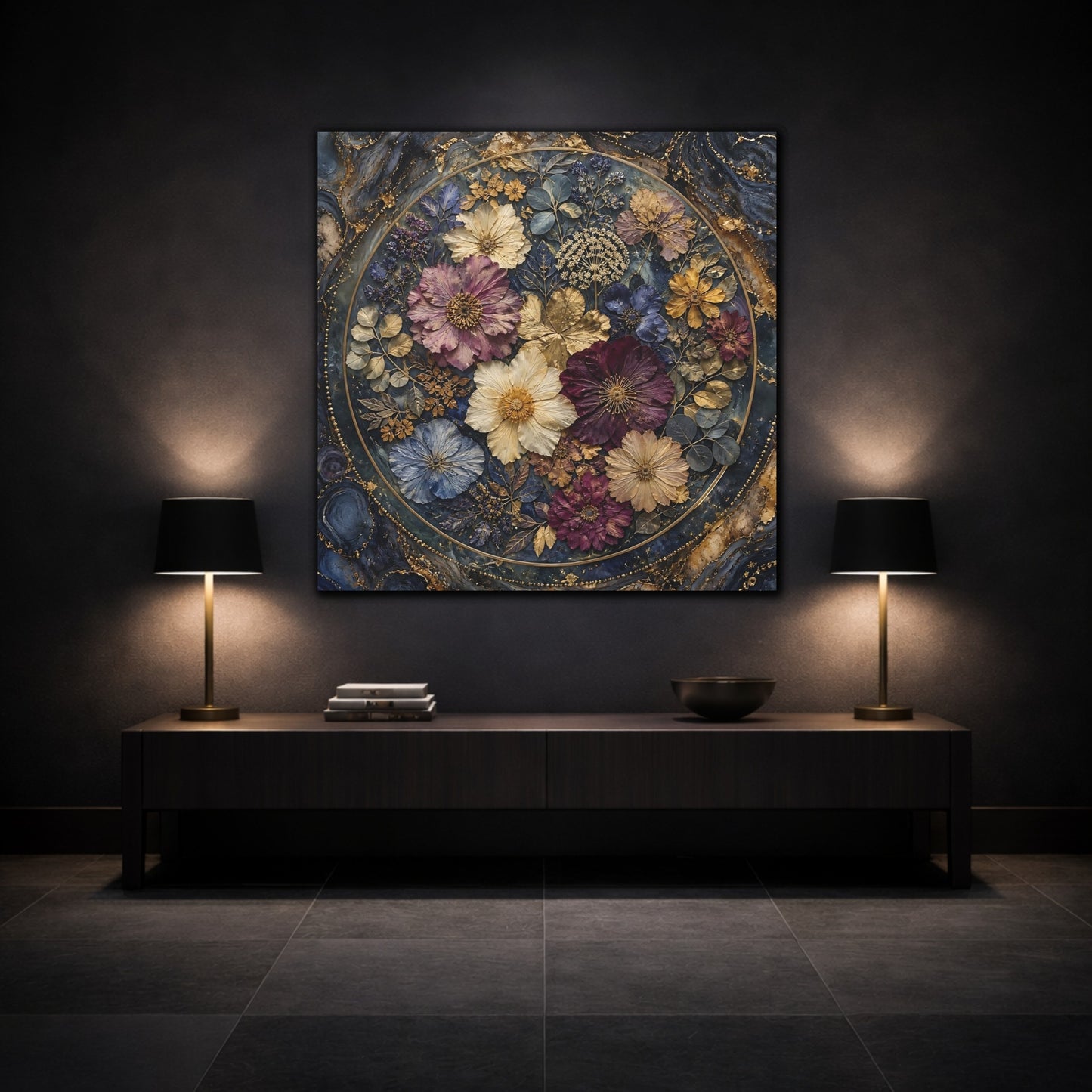 Mockup 3. Floral Pressed Flowers Dark Blue Gold Floral shown as stretched canvas wall art