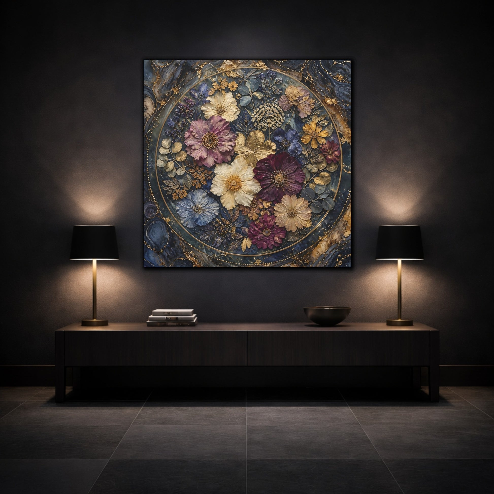 Mockup 3. Floral Pressed Flowers Dark Blue Gold Floral shown as stretched canvas wall art