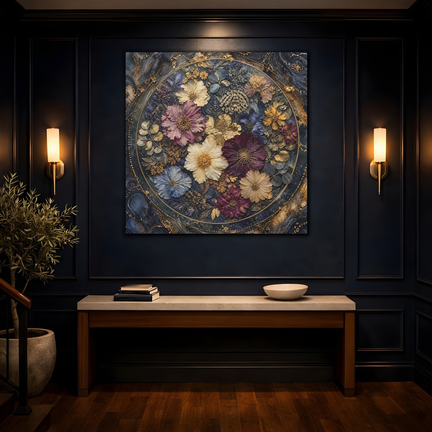 Mockup 4. Floral Pressed Flowers Dark Blue Gold Floral shown as stretched canvas wall art