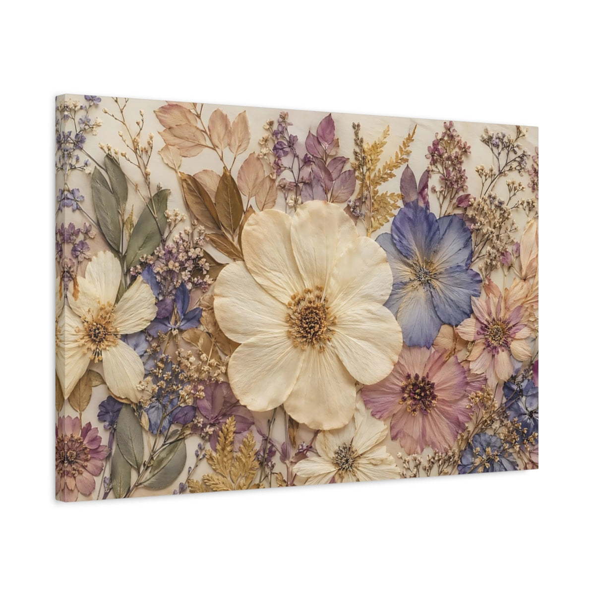 Side Mockup 2. Floral Pressed Flowers Pastel Floral shown as stretched canvas wall art