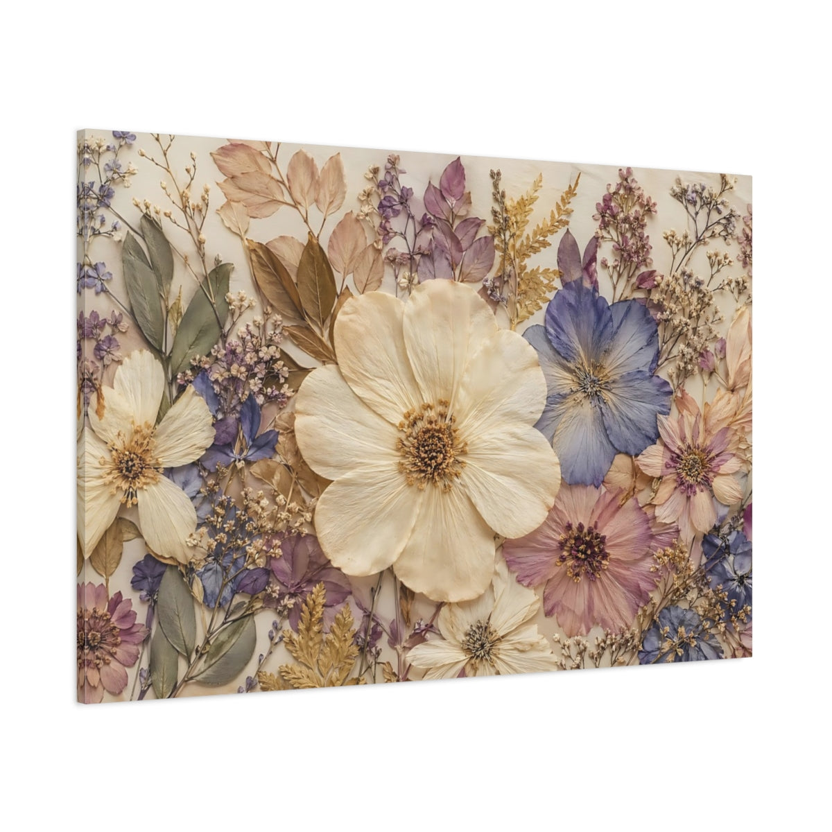 Side Mockup 1. Floral Pressed Flowers Pastel Floral shown as stretched canvas wall art