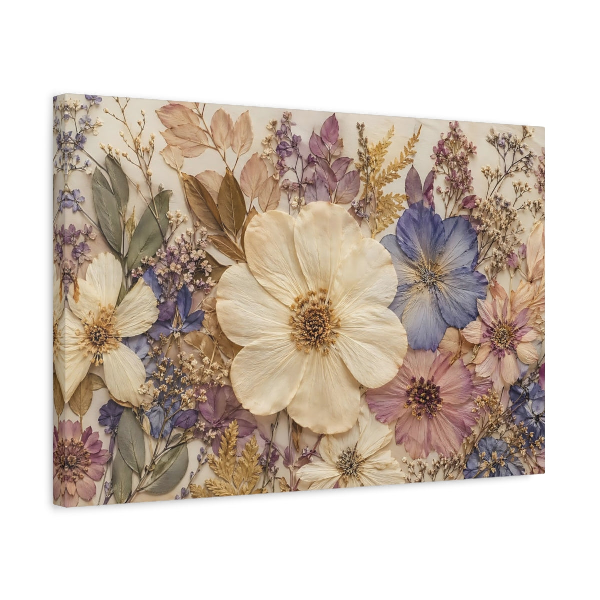 Side Mockup 3. Floral Pressed Flowers Pastel Floral shown as stretched canvas wall art