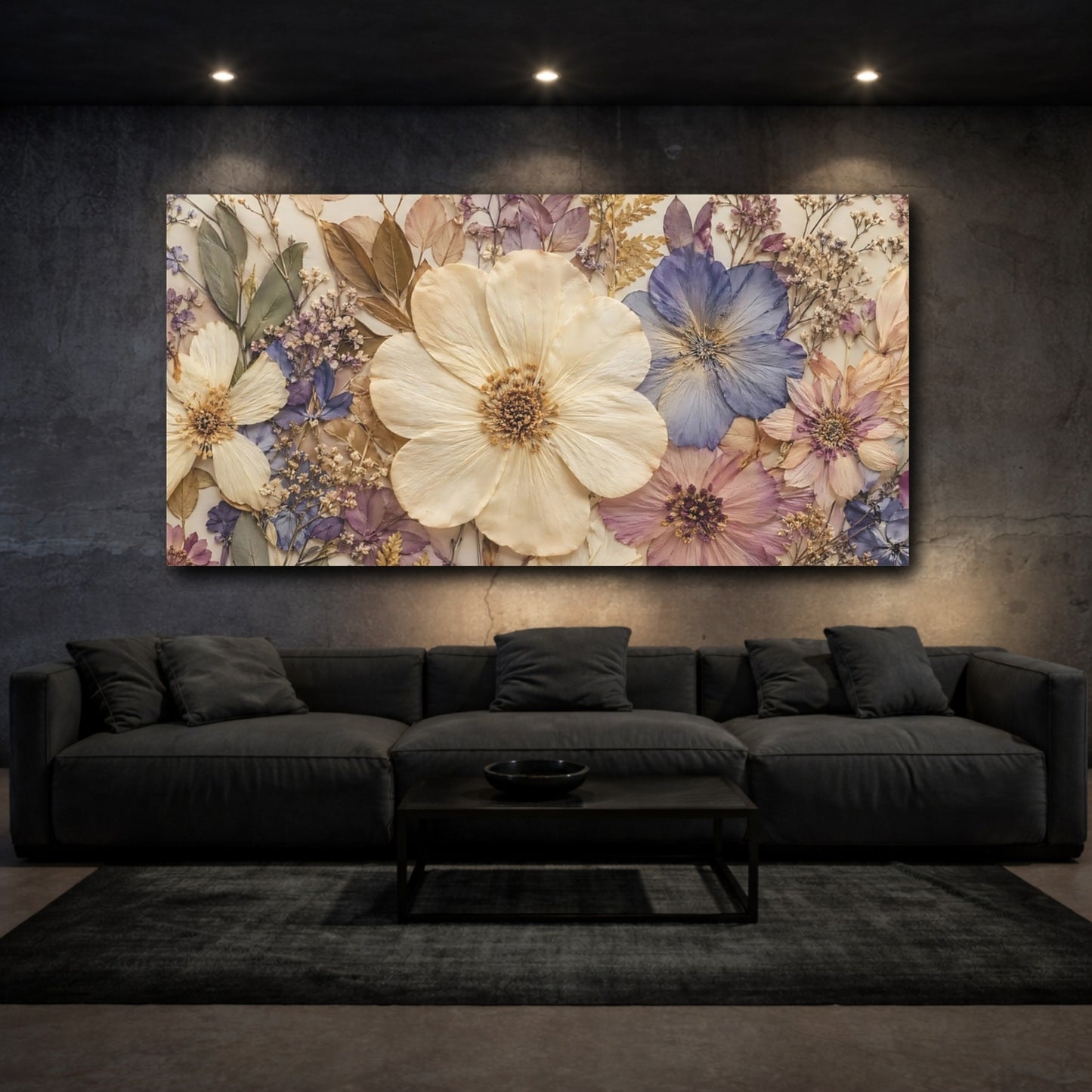 Mockup 2. Floral Pressed Flowers Pastel Floral shown as stretched canvas wall art