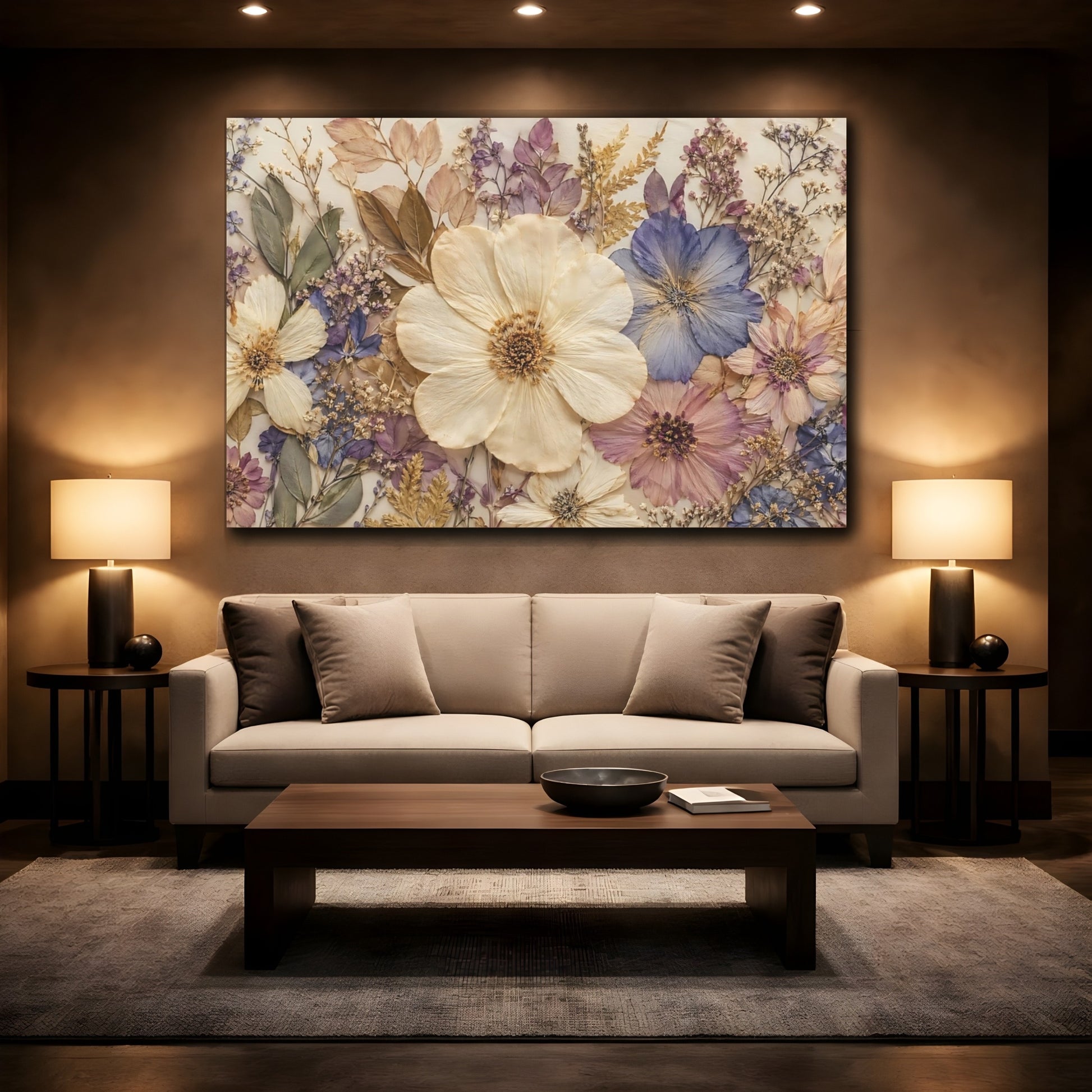 Mockup 2. Floral Pressed Flowers Pastel Floral shown as stretched canvas wall art