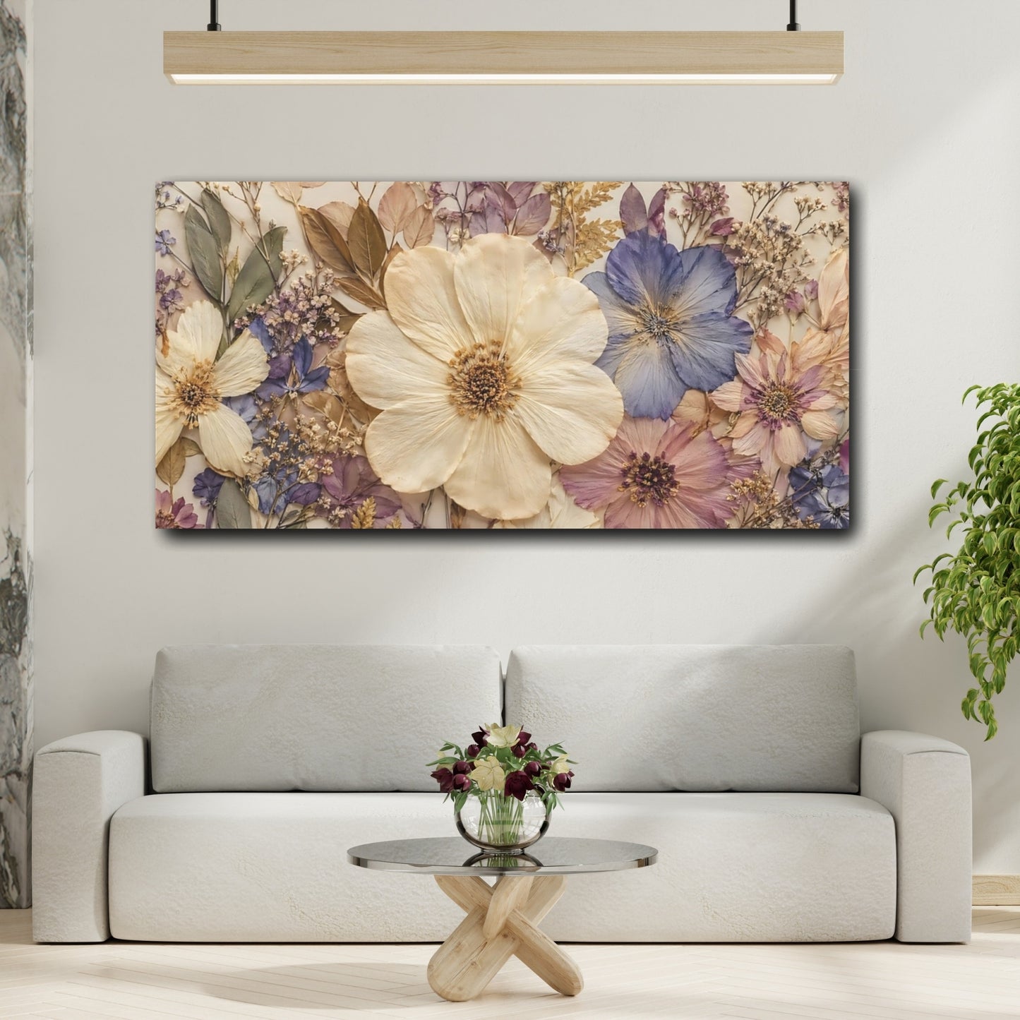 Mockup 3. Floral Pressed Flowers Pastel Floral shown as stretched canvas wall art