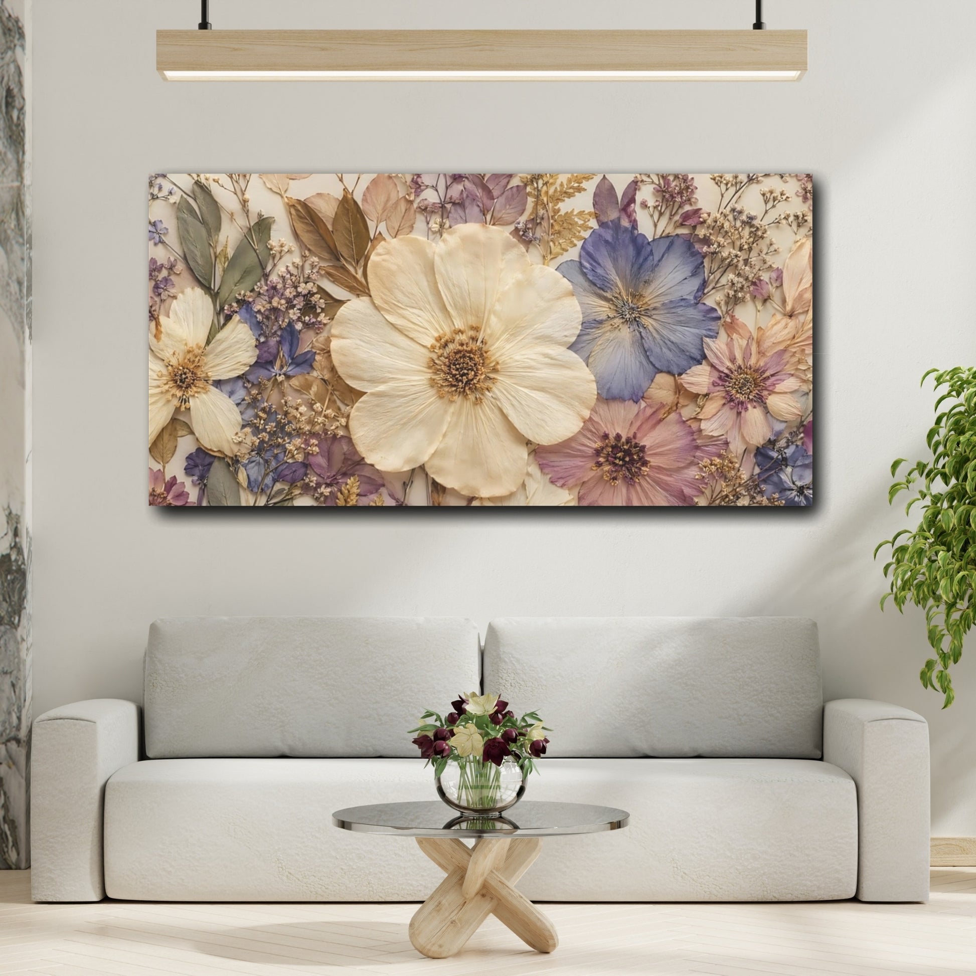 Mockup 3. Floral Pressed Flowers Pastel Floral shown as stretched canvas wall art