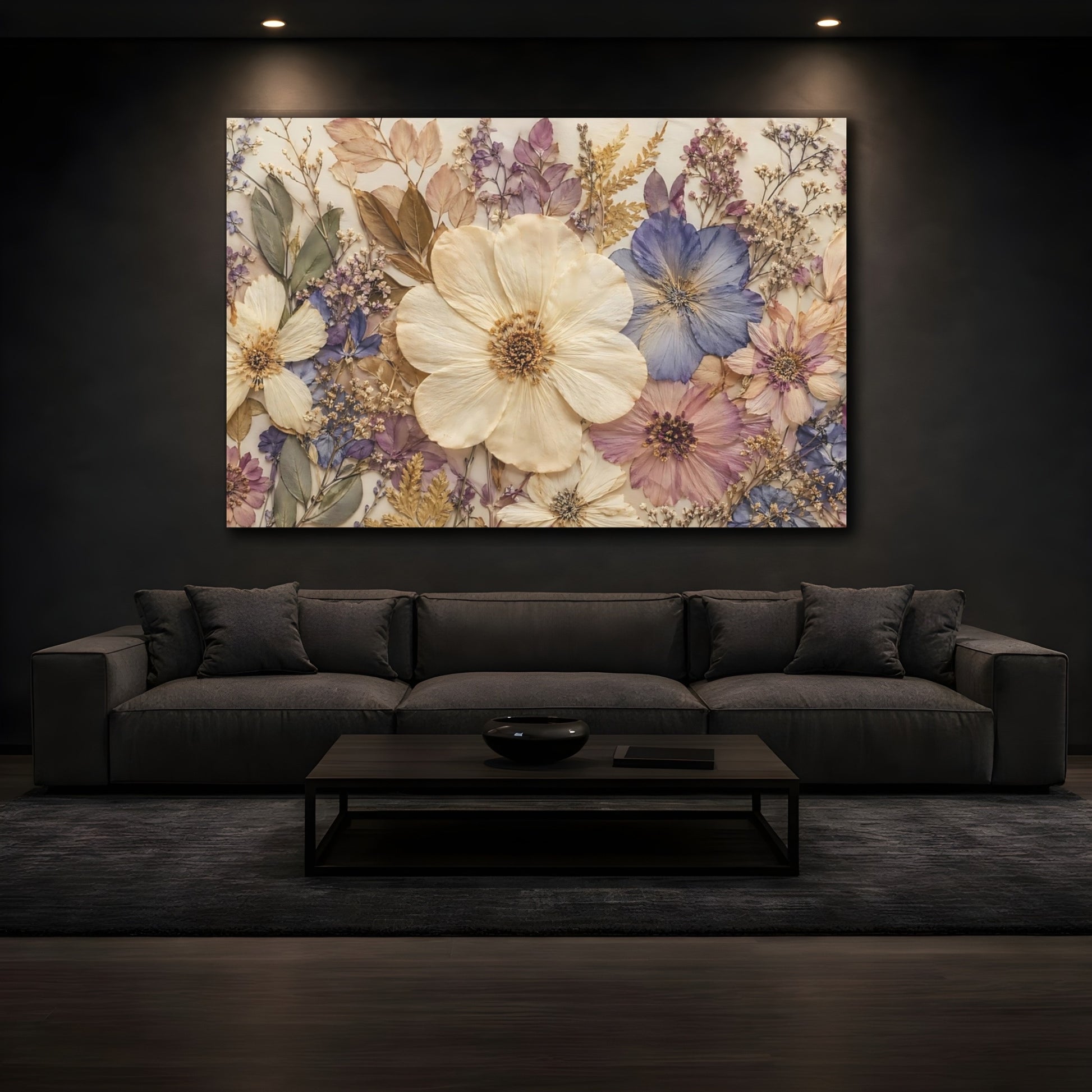 Mockup 3. Floral Pressed Flowers Pastel Floral shown as stretched canvas wall art