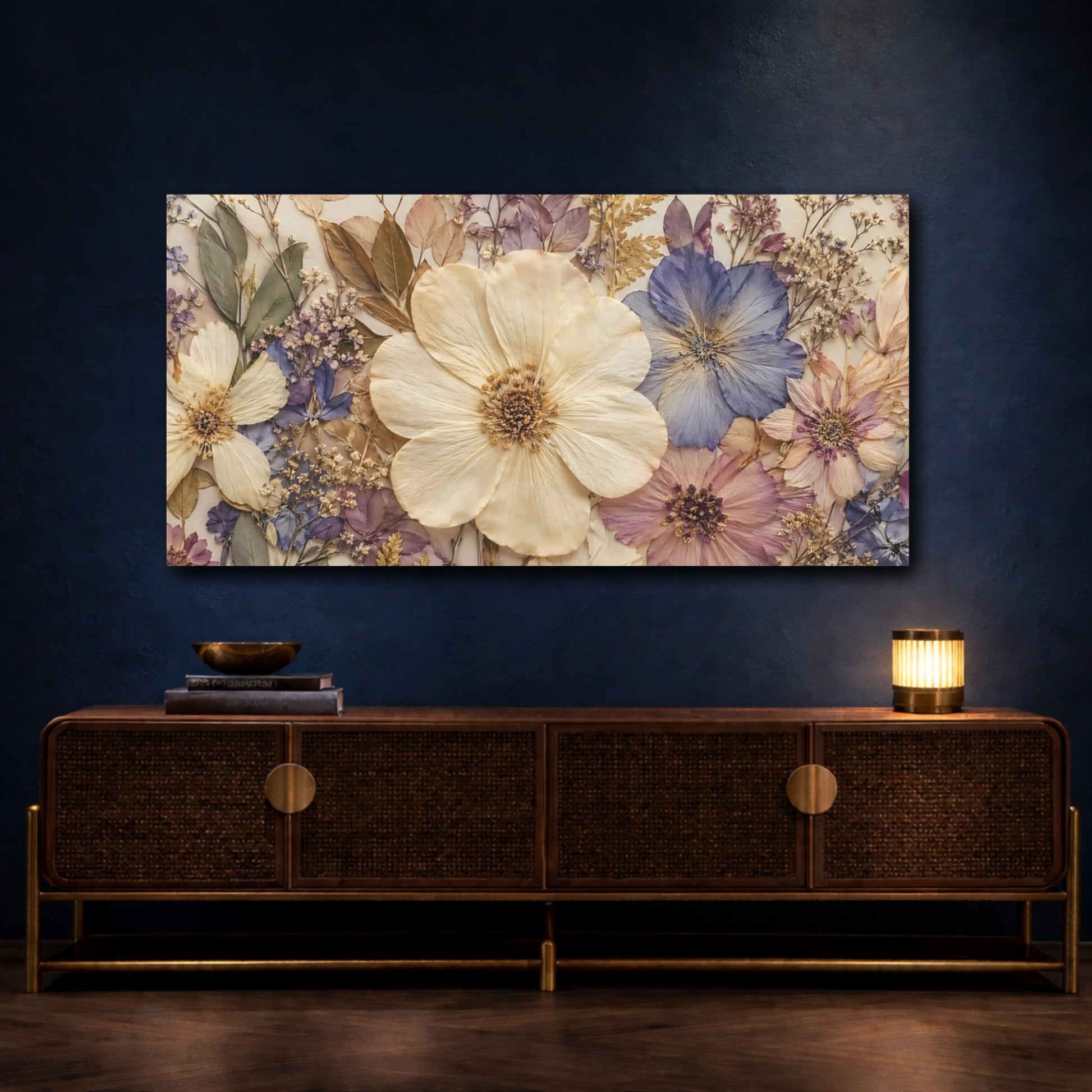 Mockup 4. Floral Pressed Flowers Pastel Floral shown as stretched canvas wall art