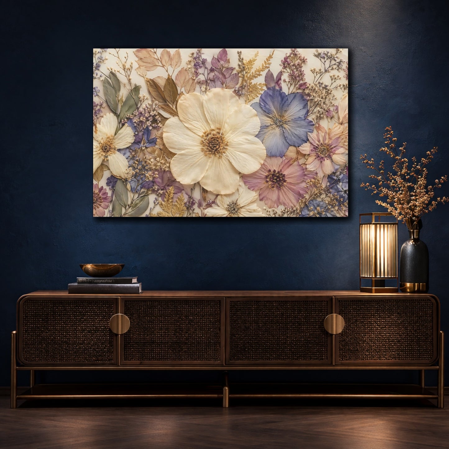 Mockup 4. Floral Pressed Flowers Pastel Floral shown as stretched canvas wall art